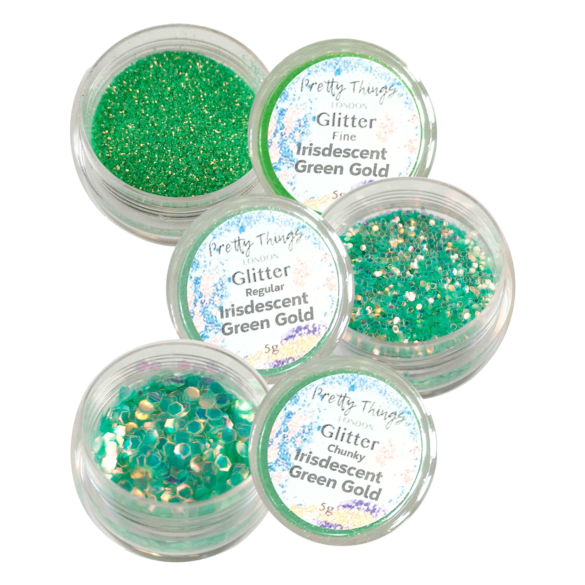 1.	Pretty Things London Green Gold Glitter Trio - Fine, Regular, and Chunky Holographic Glitters