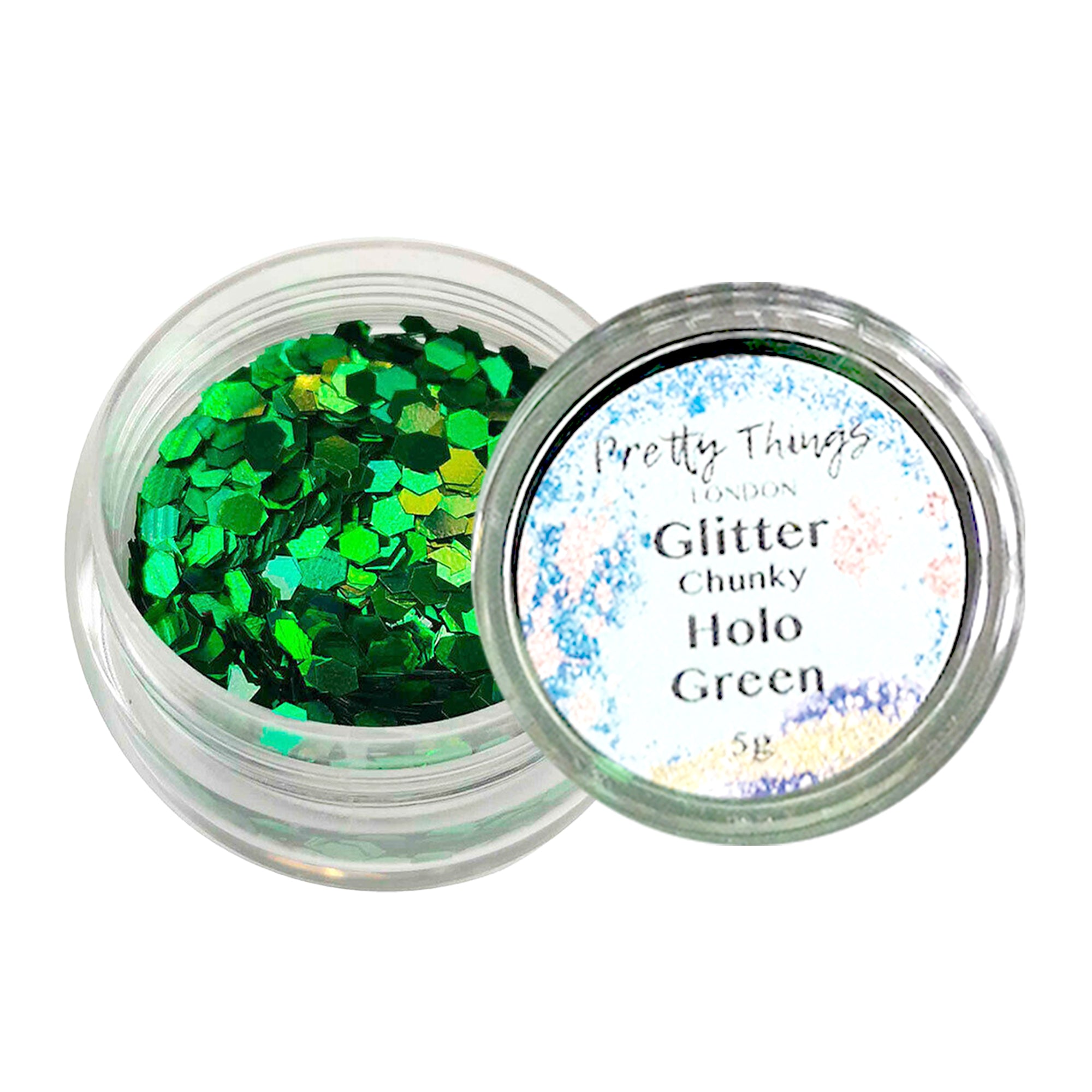 1.	Pretty Things London Chunky Holographic Glitter in Green - 5g jar