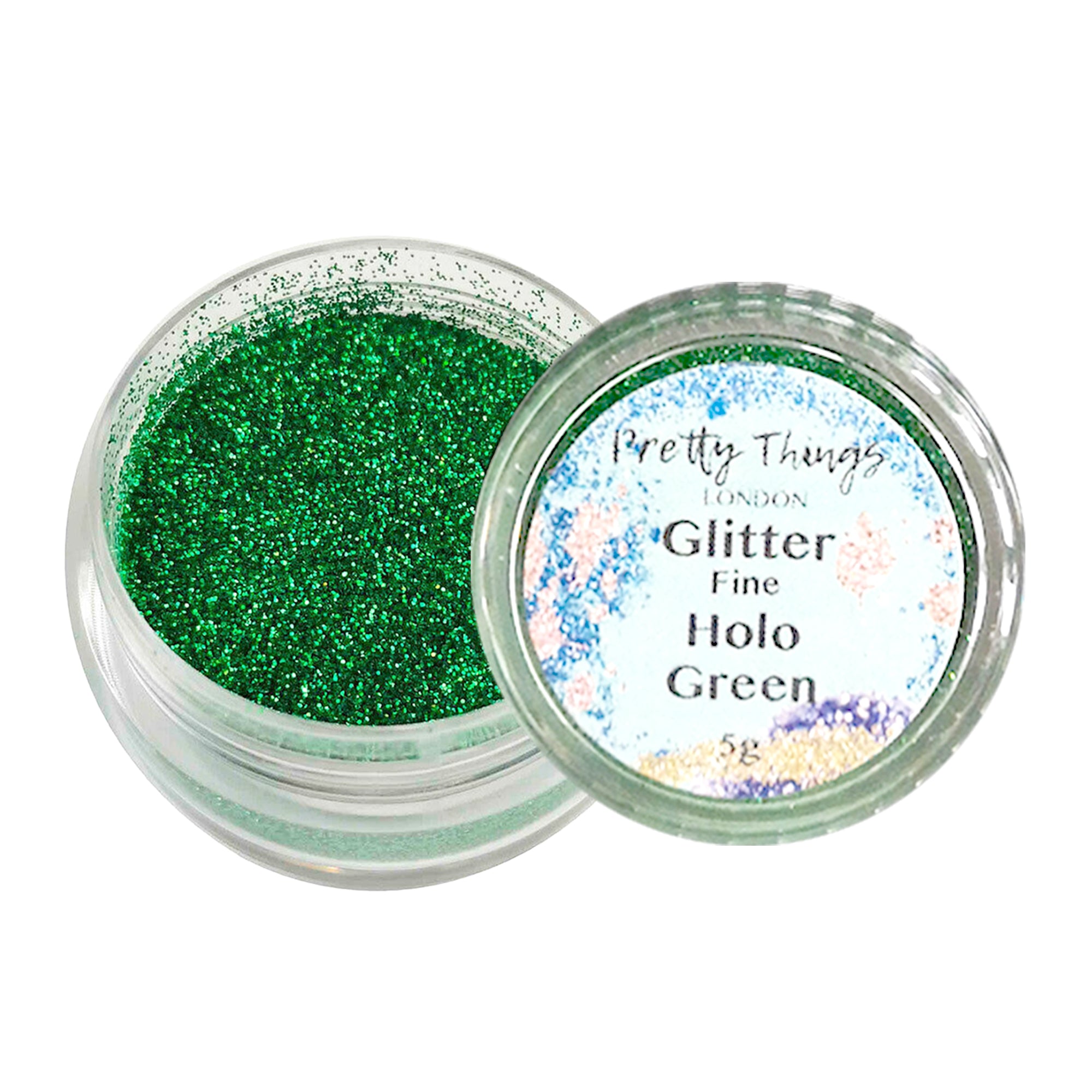 1.	Pretty Things London Fine Holographic Glitter in Green 5g in open container showing sparkles