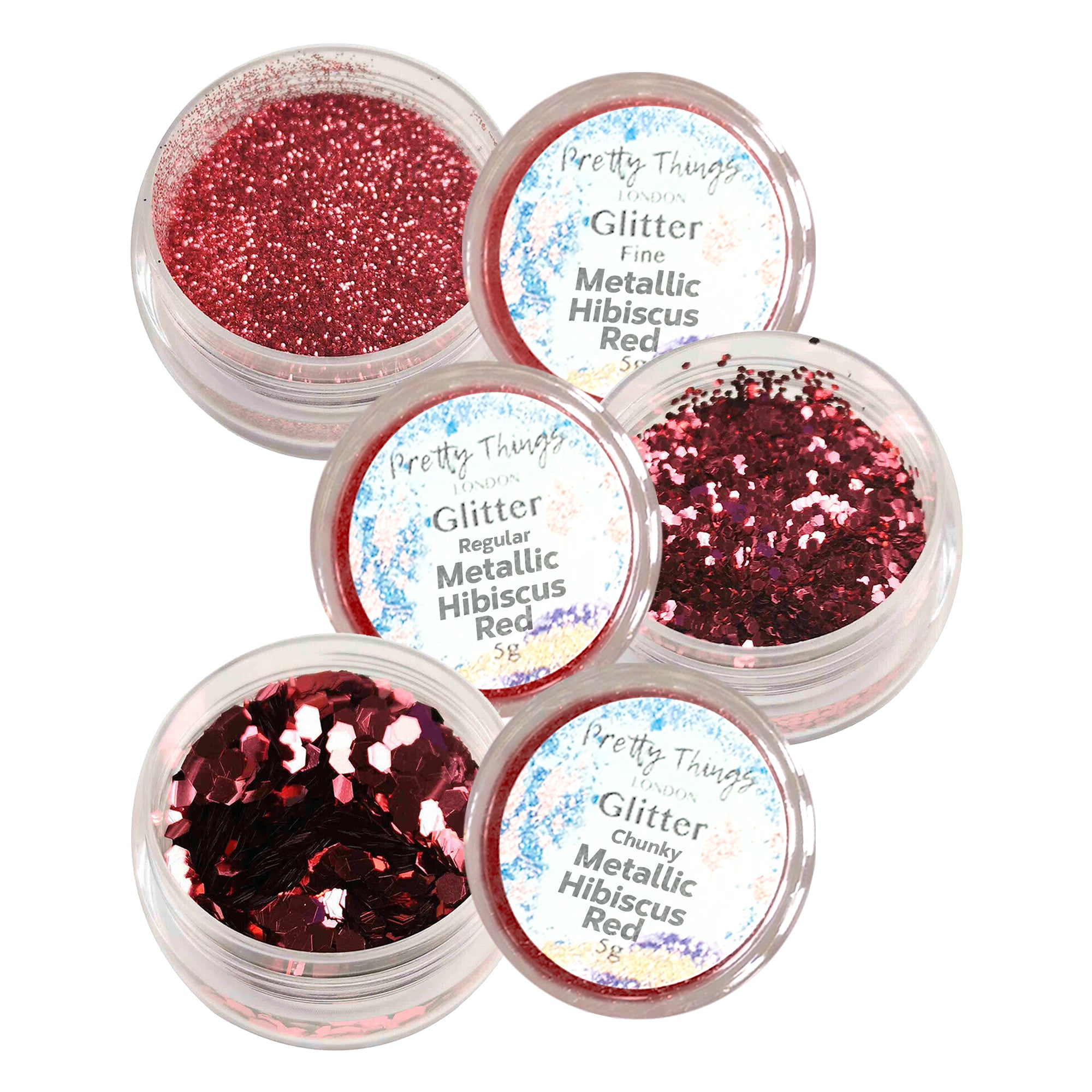 1.	Pretty Things London Metallic Hibiscus Red Glitter Trio - Fine, Regular, and Chunky