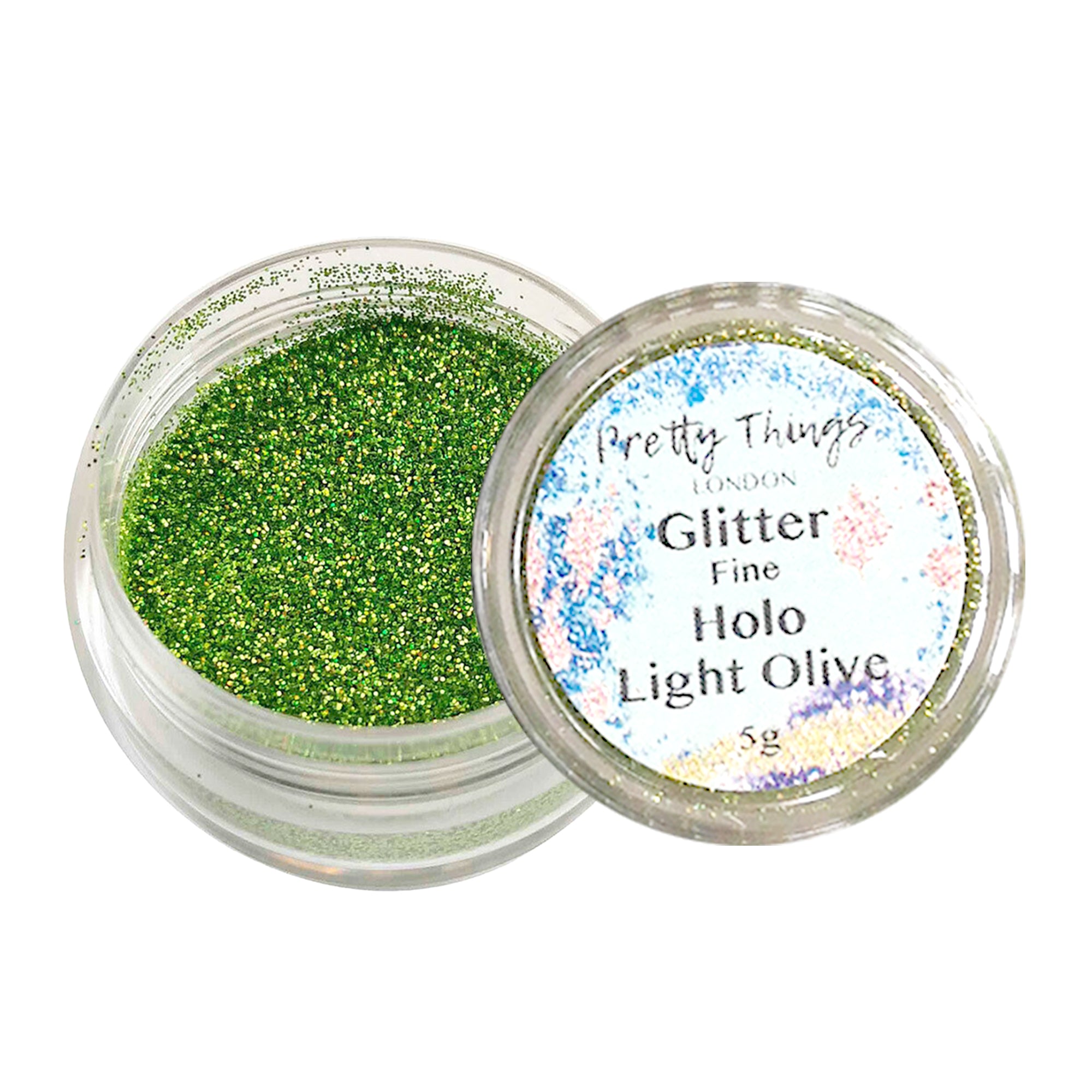 1.	Pretty Things London Fine Holographic Glitter in Light Olive 5g in open container showing sparkles