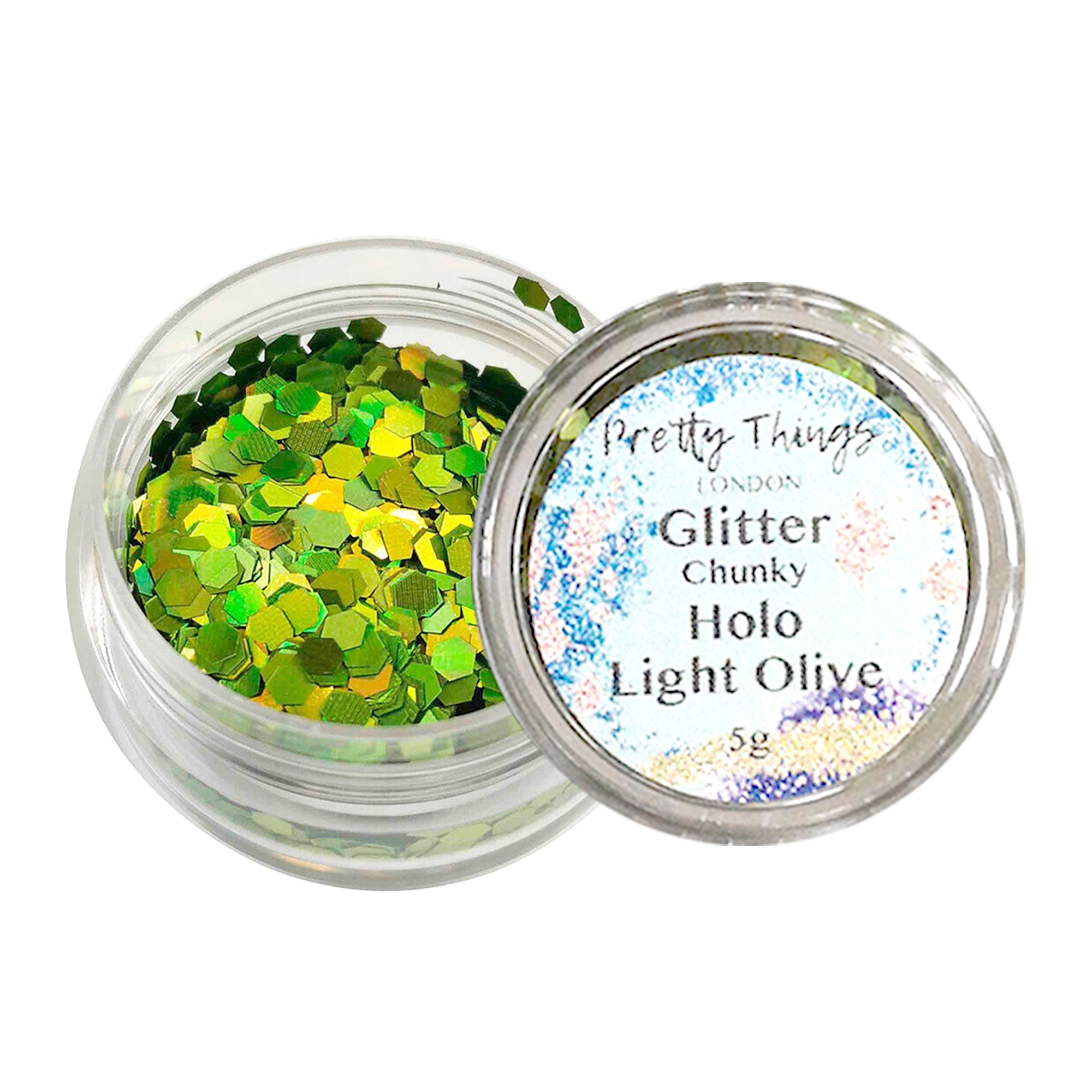 1.	Pretty Things London Chunky Holographic Glitter in Light Olive - 5g jar