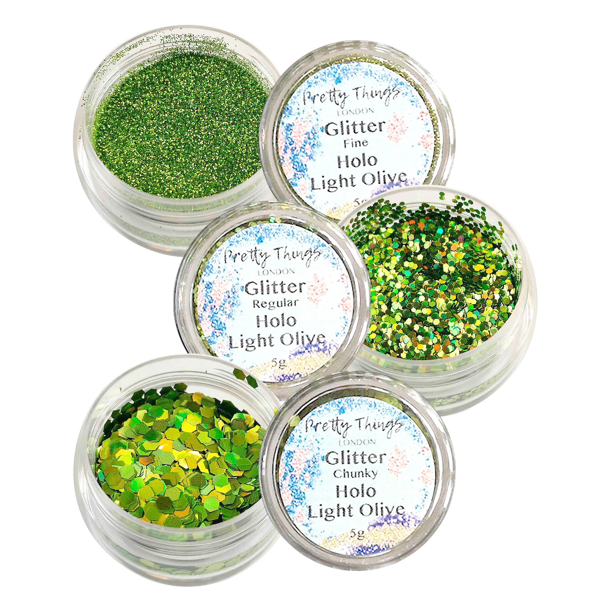 1.	Pretty Things London Light Olive Glitter Trio - Fine, Regular, and Chunky Holographic Glitters