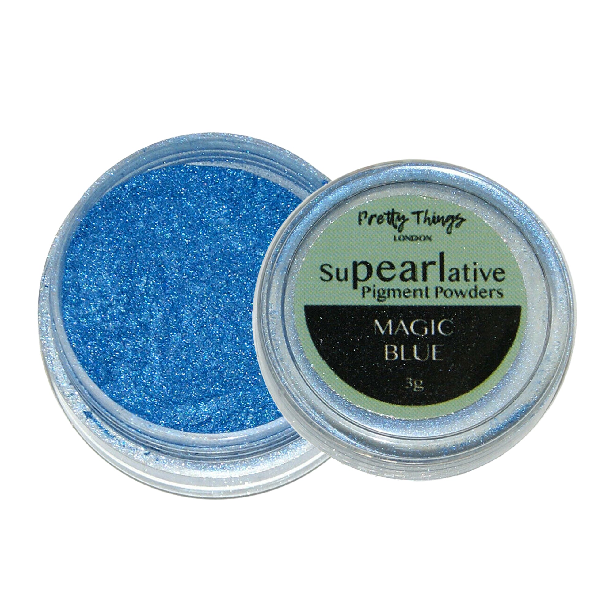 Pretty Things London Supearlative Pigment Powders Magic Blue 3g in an open container showing vibrant, shimmering gold pigment.