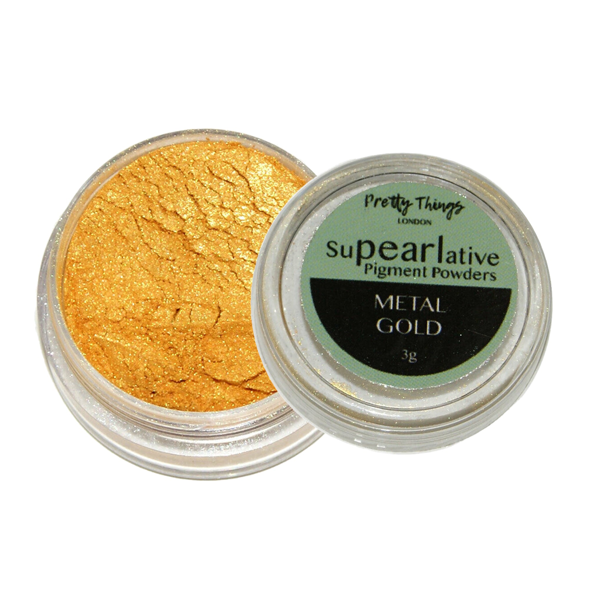 Pretty Things London Supearlative Pigment Powders Metal Gold 3g in an open container showing vibrant, shimmering gold pigment.