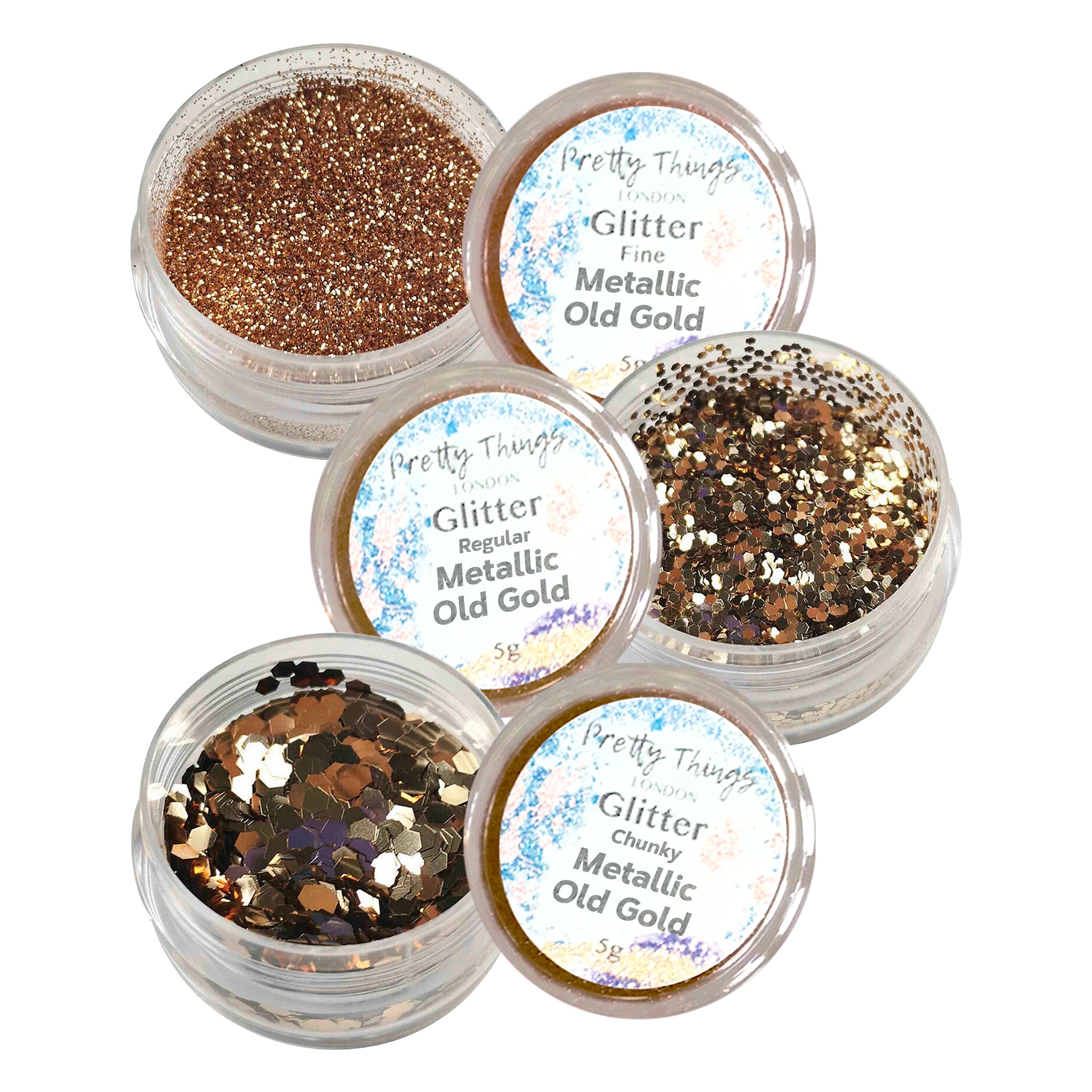 1.	Pretty Things London Metallic Old Gold Glitter Trio - Fine, Regular, and Chunky