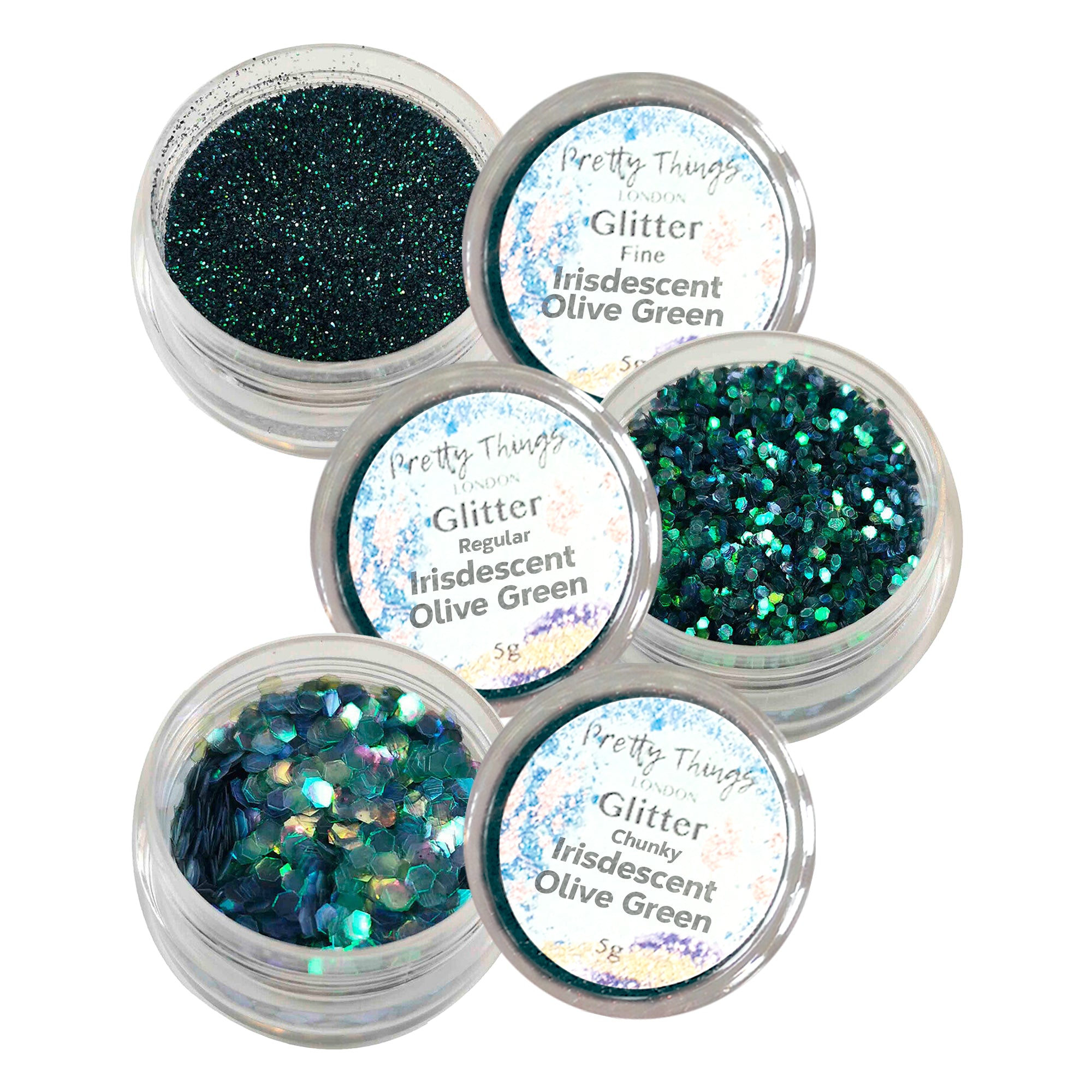 1.	Pretty Things London Iridescent Olive Green Glitter Trio - Fine, Regular, and Chunky Glitters