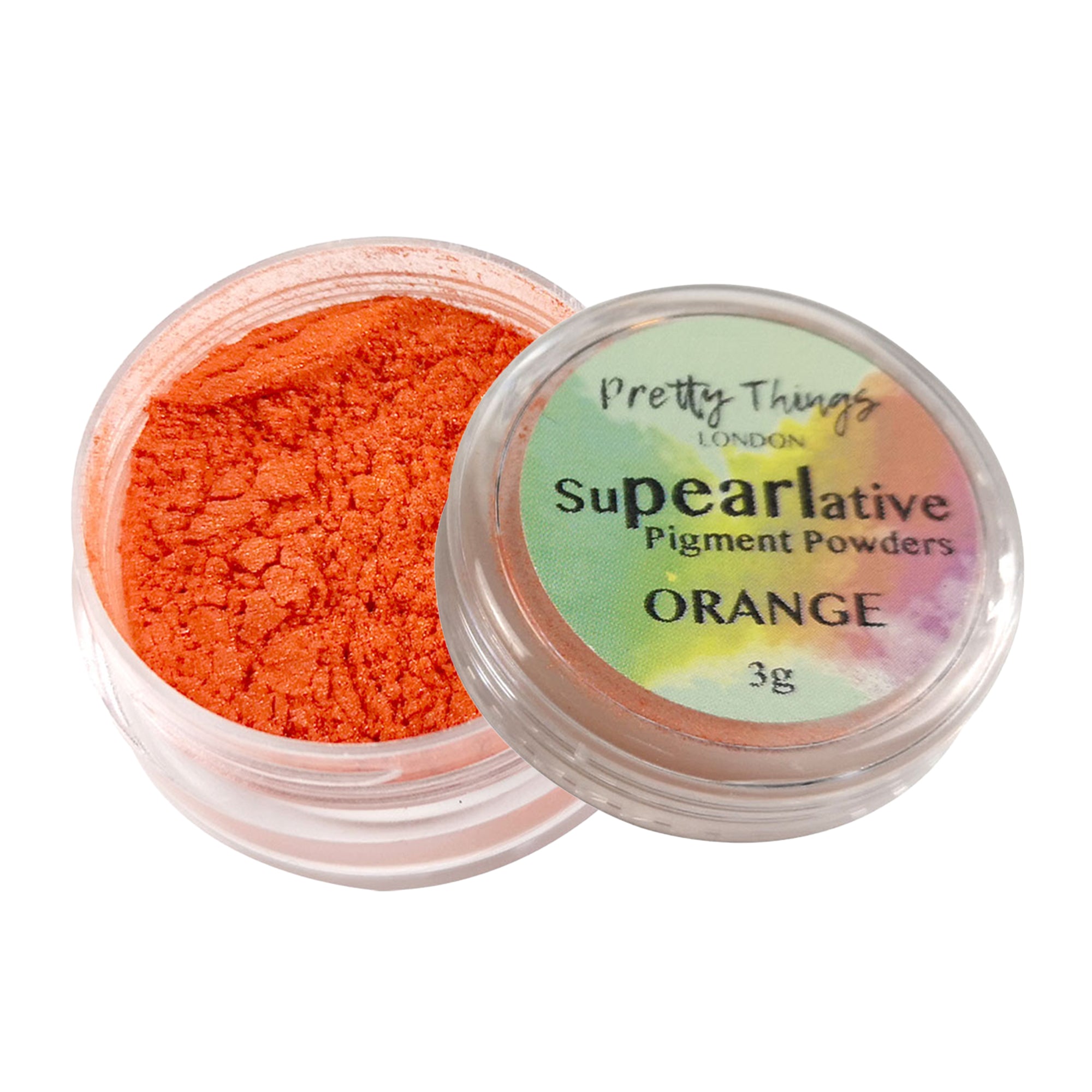 Pretty Things London Supearlative Pigment Powders Orange 3g in an open container showing vibrant, shimmering gold pigment.