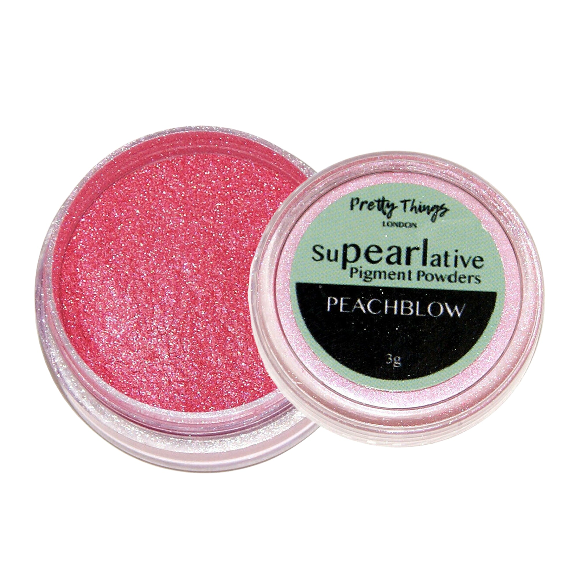 Pretty Things London Supearlative Pigment Powders Peachblow 3g in an open container showing vibrant, shimmering gold pigment.