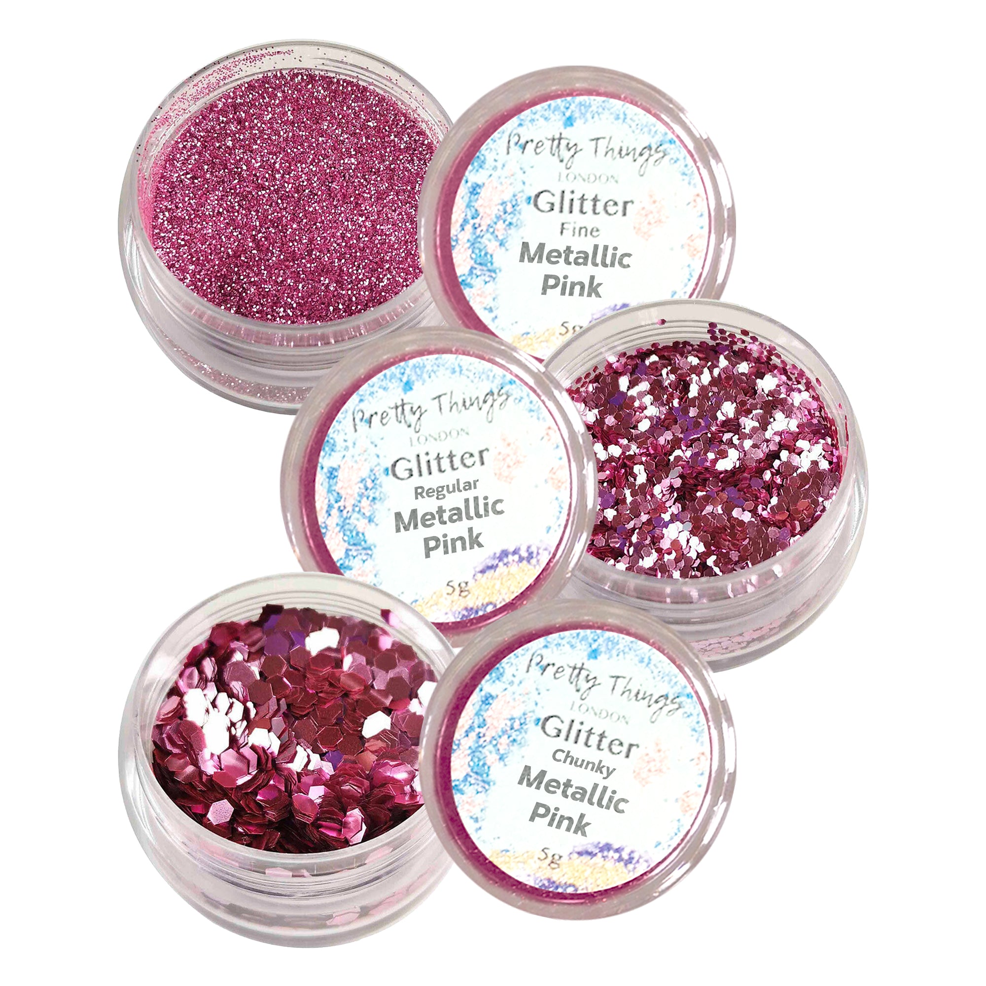 1.	Pretty Things London Metallic Pink Glitter Trio - Fine, Regular, and Chunky