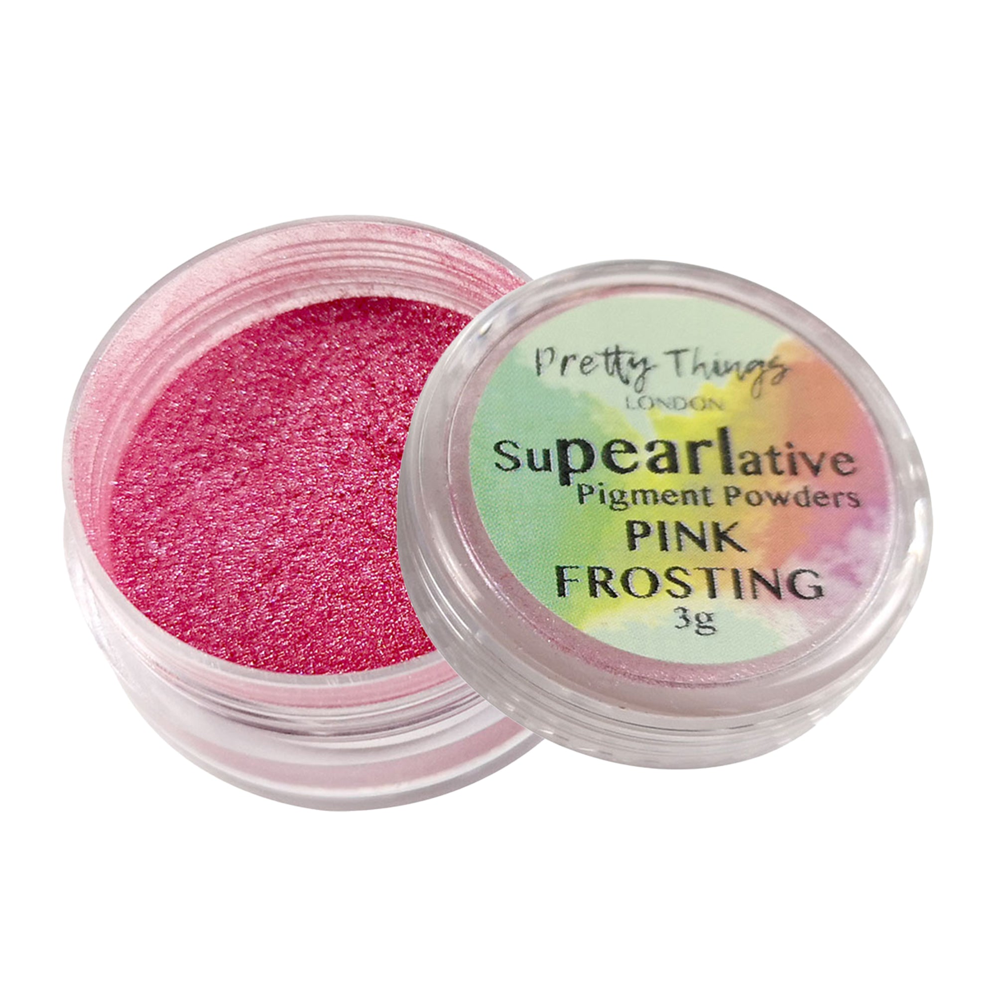 Pretty Things London Supearlative Pigment Powders Pink Frosting 3g in an open container showing vibrant, shimmering gold pigment.