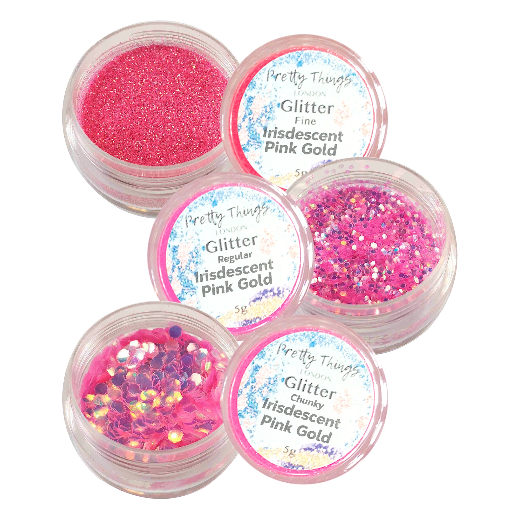 1.	Pretty Things London Iridescent Pink Gold Glitter Trio - Fine, Regular, and Chunky Glitters