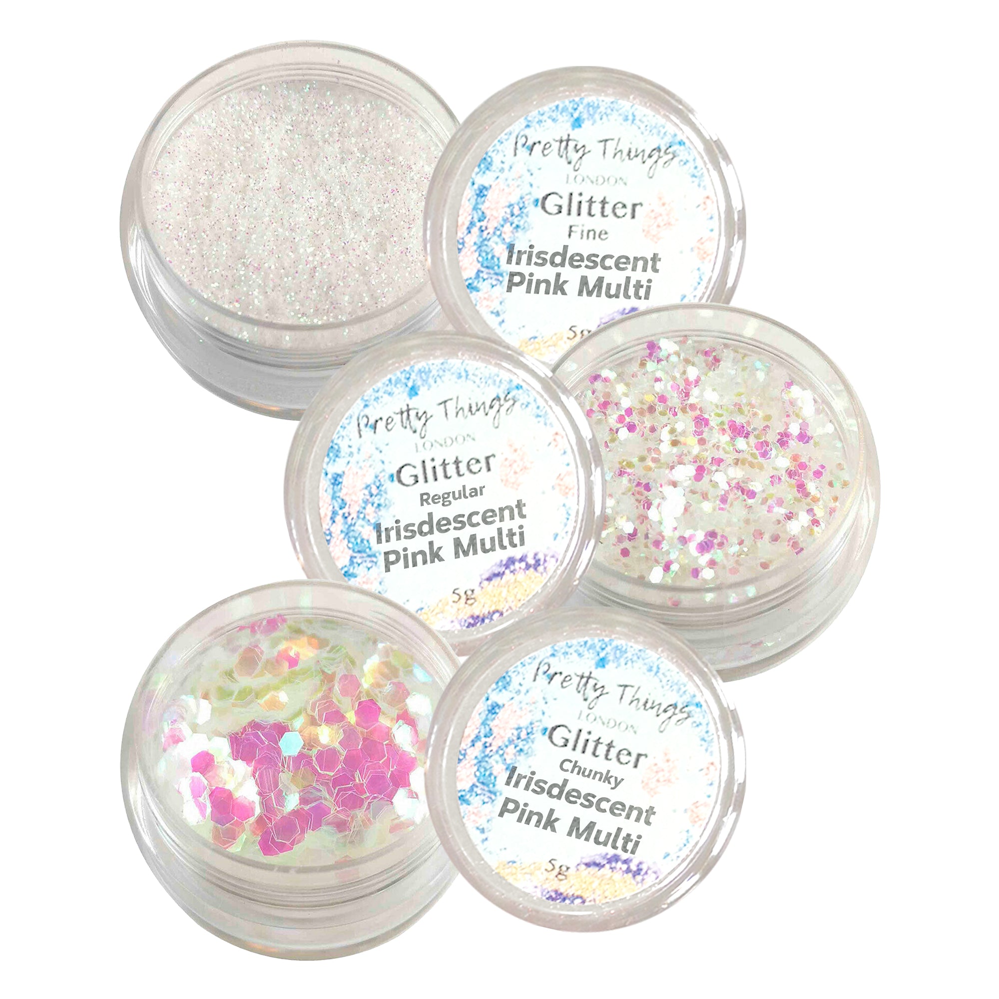 1.	Pretty Things London Iridescent Pink Multi Glitter Trio - Fine, Regular, and Chunky Glitters