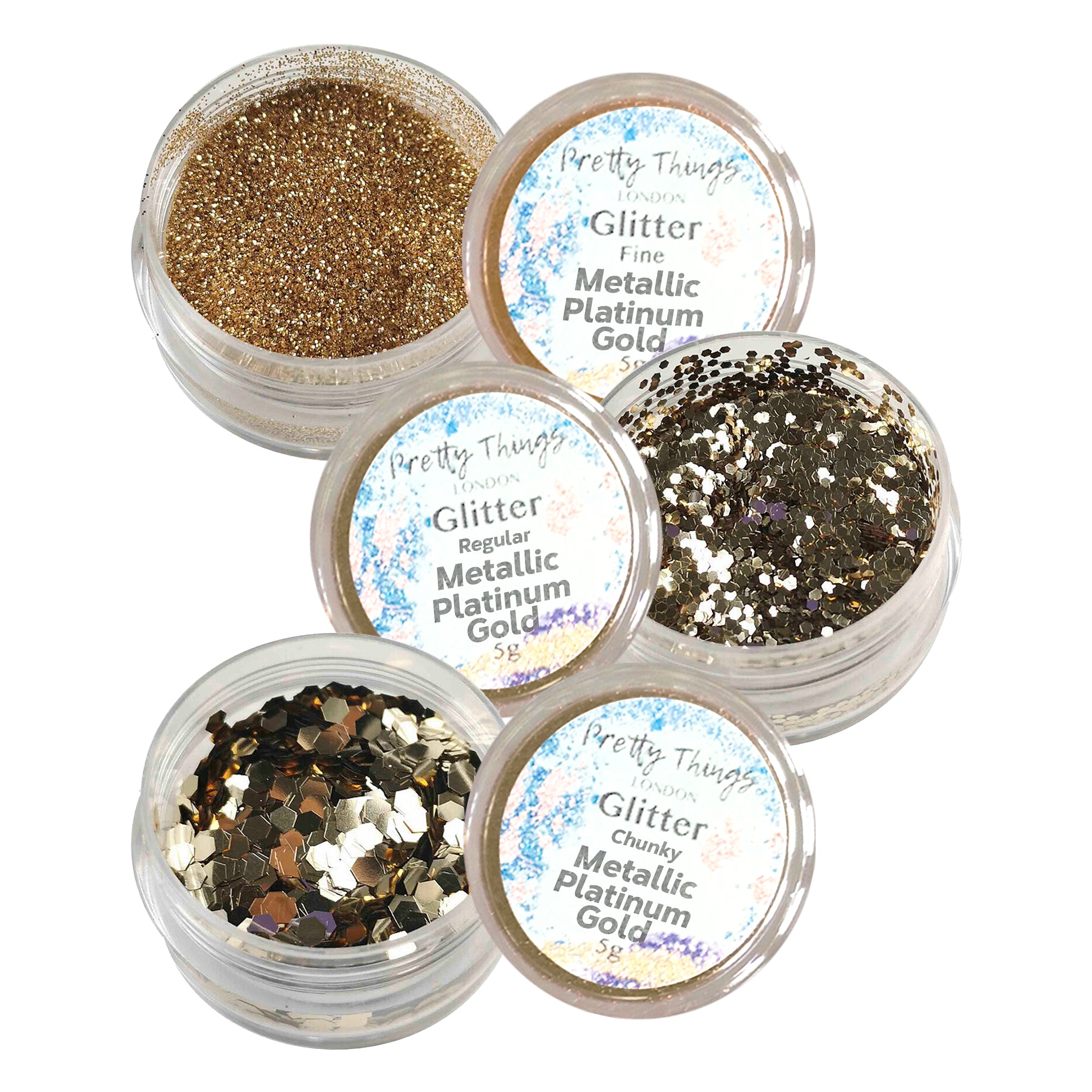 1.	Pretty Things London Metallic Platinum Gold Glitter Trio - Fine, Regular, and Chunky