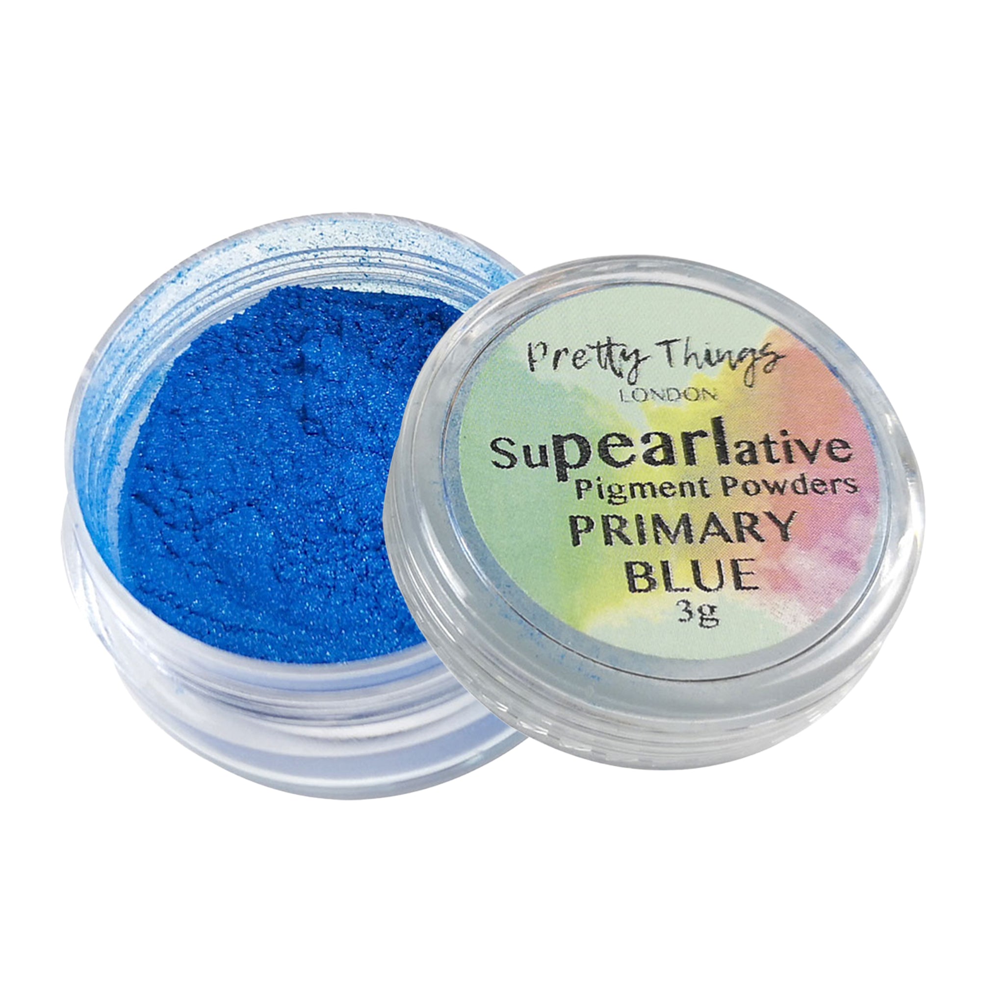 Pretty Things London Supearlative Pigment Powders Primary Blue 3g in an open container showing vibrant, shimmering gold pigment.