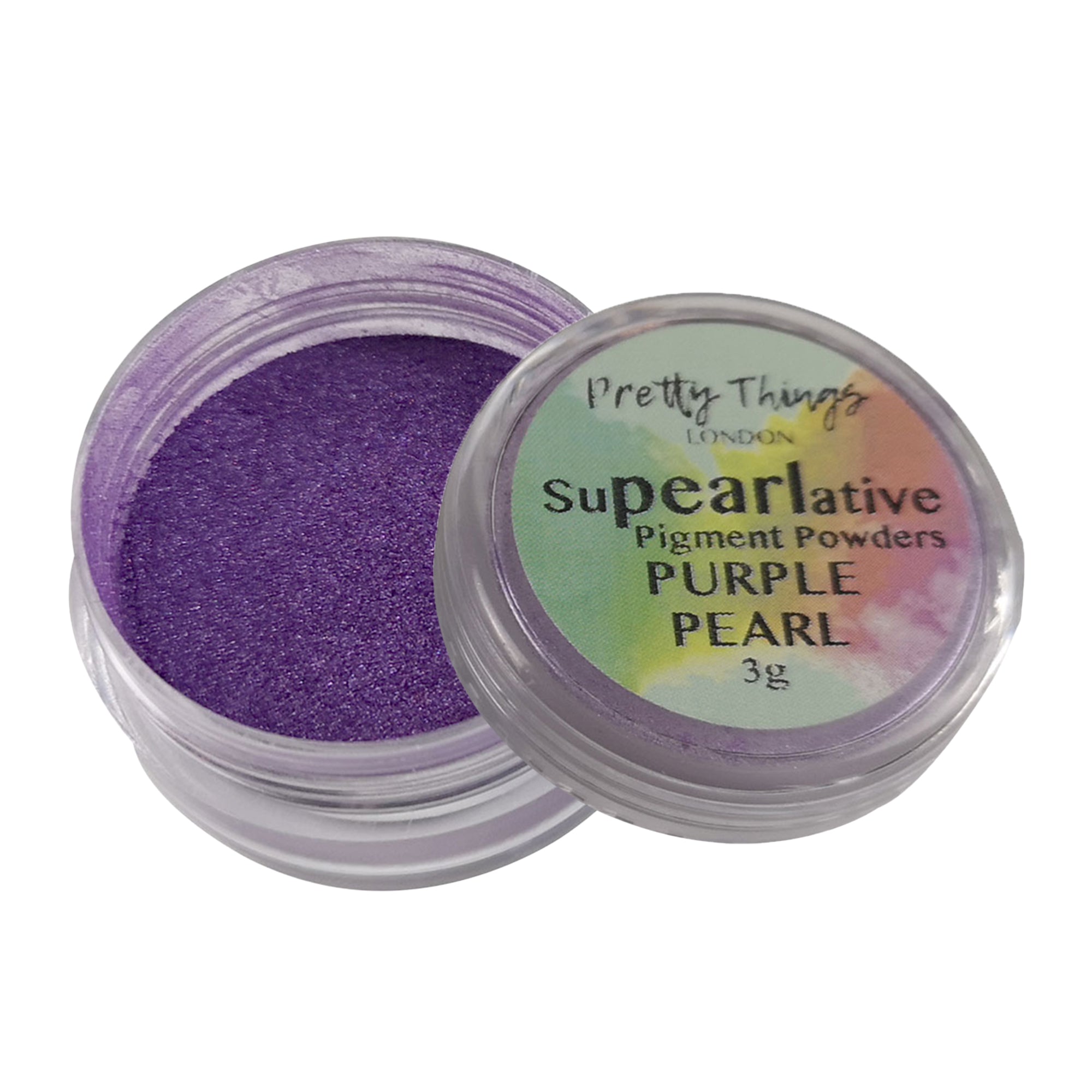 Pretty Things London Supearlative Pigment Powders Purple Pearl 3g in an open container showing vibrant, shimmering gold pigment.