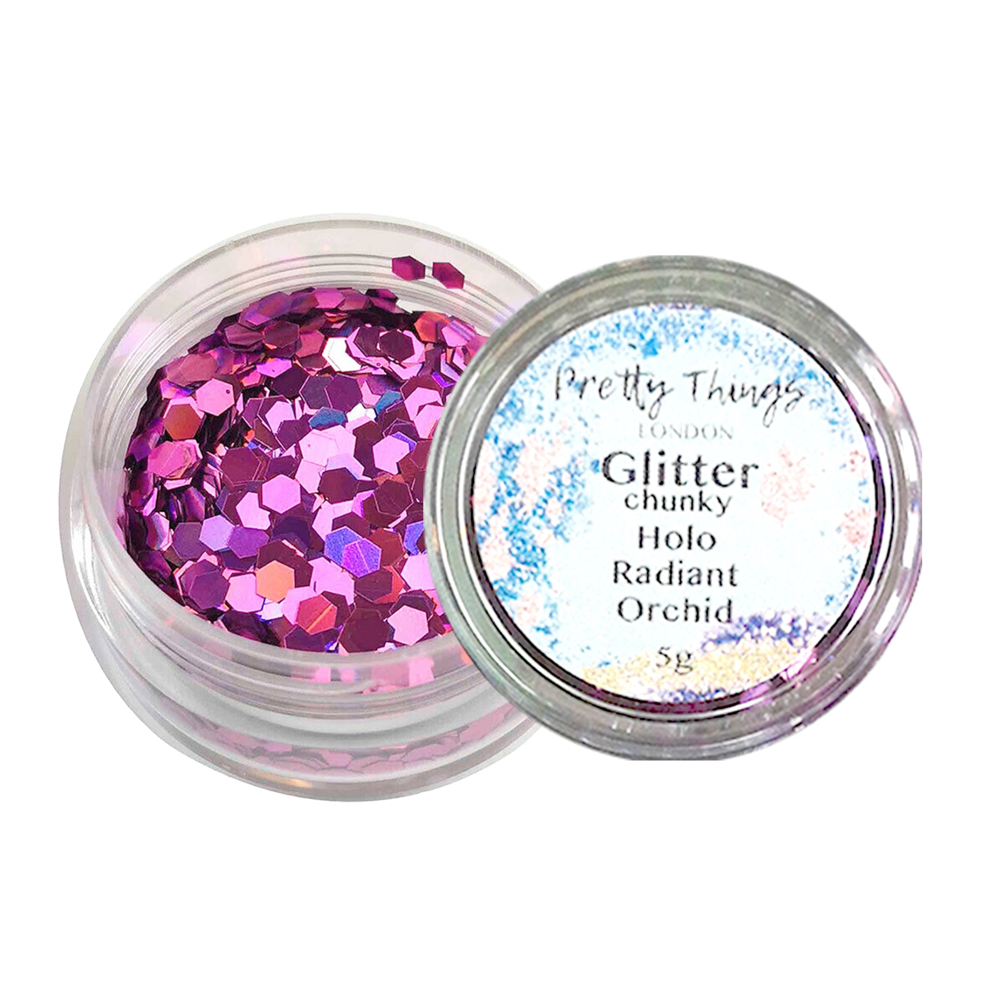 1.	Pretty Things London Chunky Holographic Glitter in Radiant Orchid - 5g jar