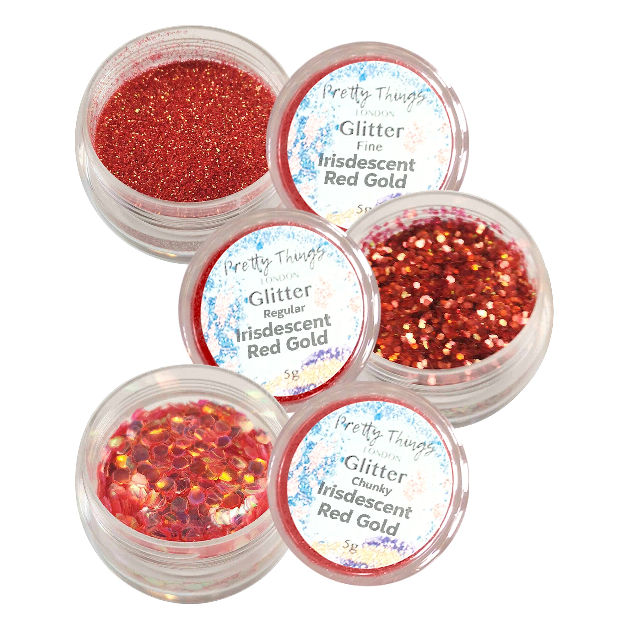 1.	Pretty Things London Iridescent Red Gold Glitter Trio - Fine, Regular, and Chunky Glitters