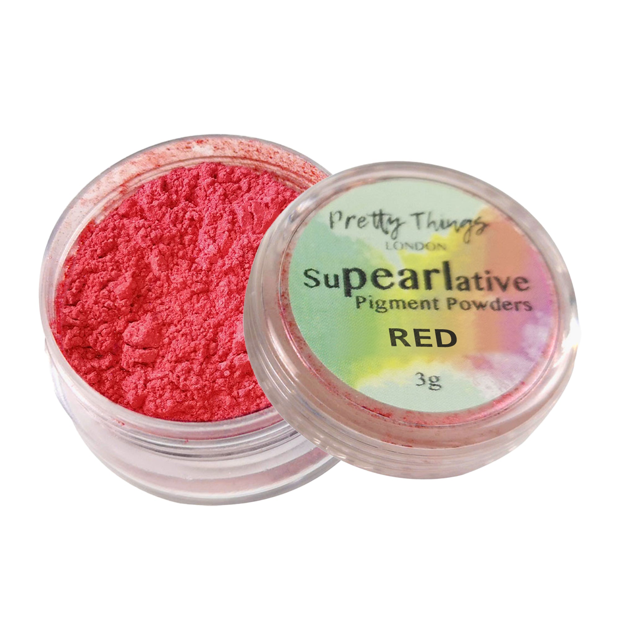 Pretty Things London Supearlative Pigment Powders Red 3g in an open container showing vibrant, shimmering gold pigment.