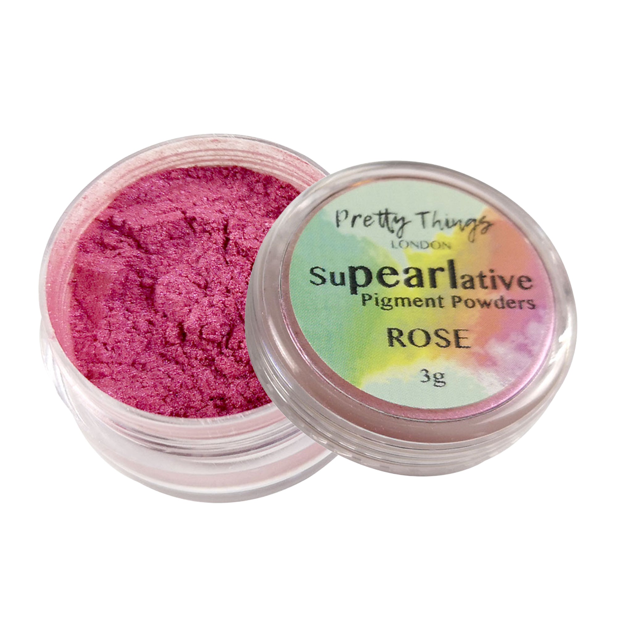 Pretty Things London Supearlative Pigment Powders Rose 3g in an open container showing vibrant, shimmering gold pigment.