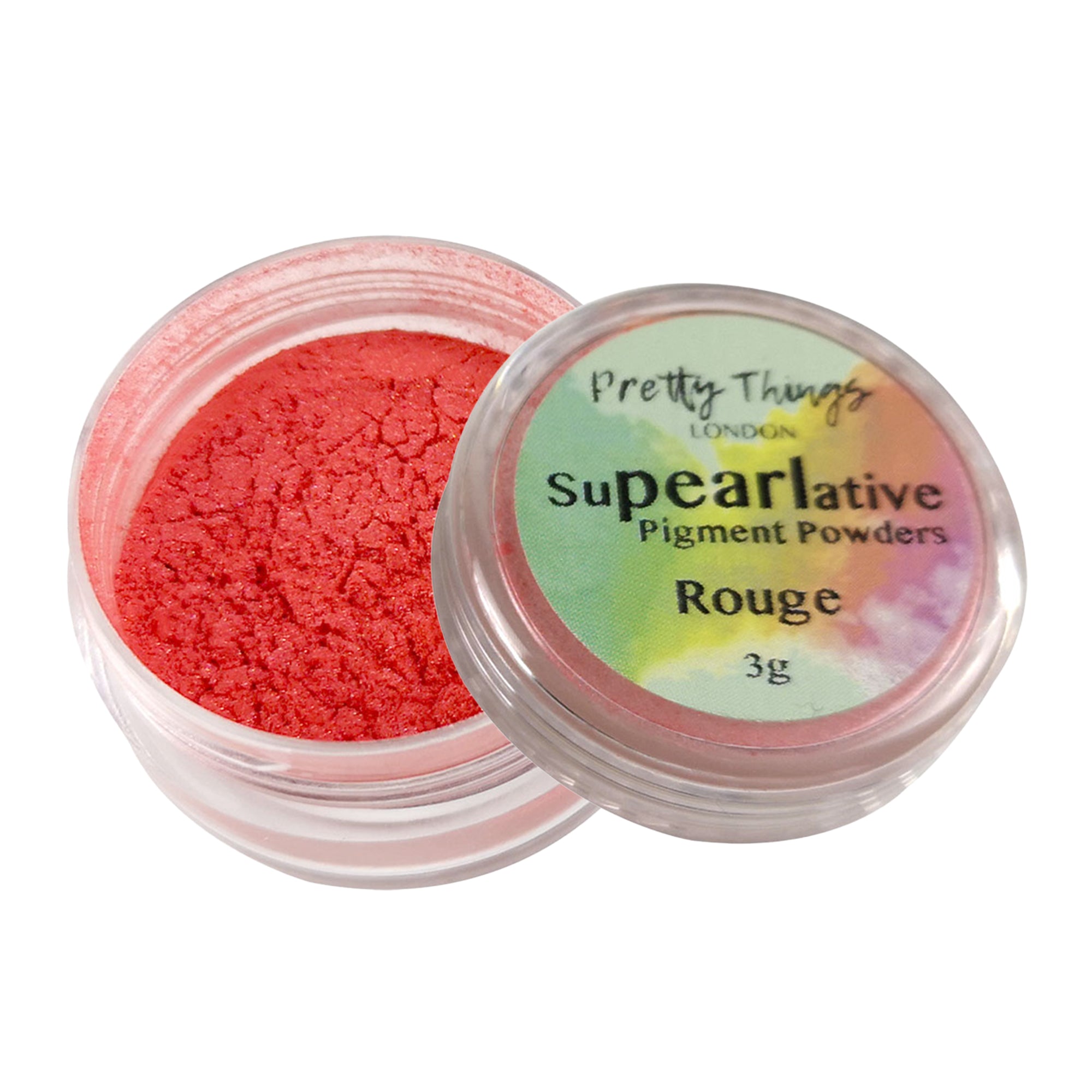 Pretty Things London Supearlative Pigment Powders Rouge 3g in an open container showing vibrant, shimmering gold pigment.