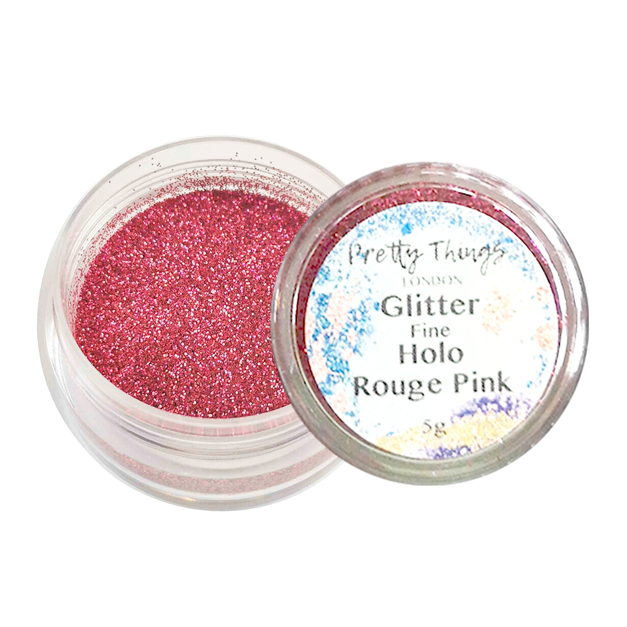 1.	Pretty Things London Fine Holographic Glitter in Rouge Pink 5g in open container showing sparkles