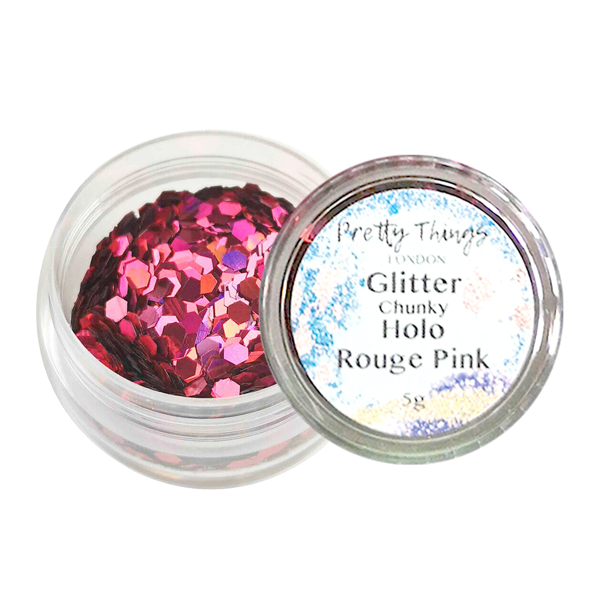 1.	Pretty Things London Chunky Holographic Glitter in Rouge Pink - 5g jar