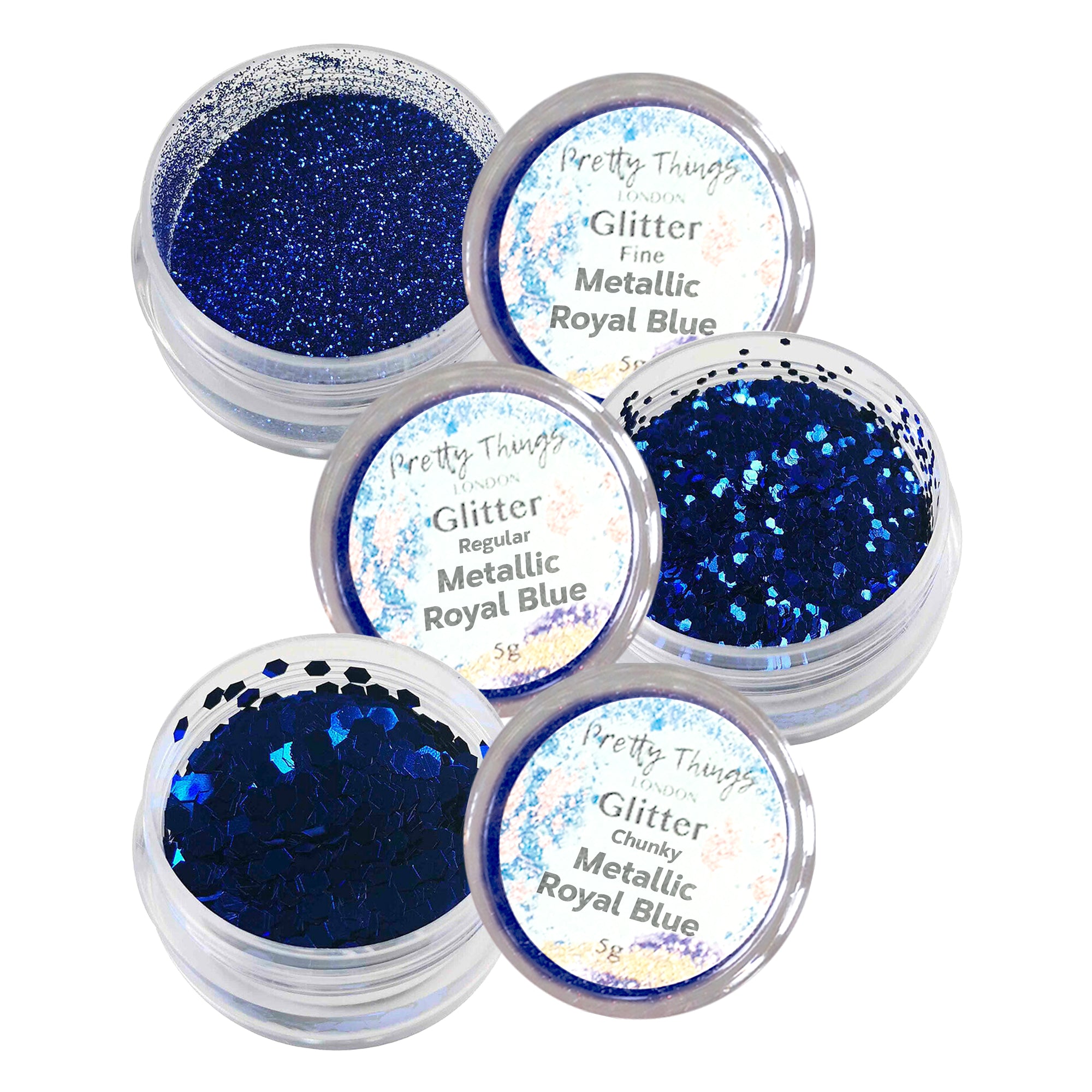 1.	Pretty Things London Metallic Royal Blue Glitter Trio - Fine, Regular, and Chunky