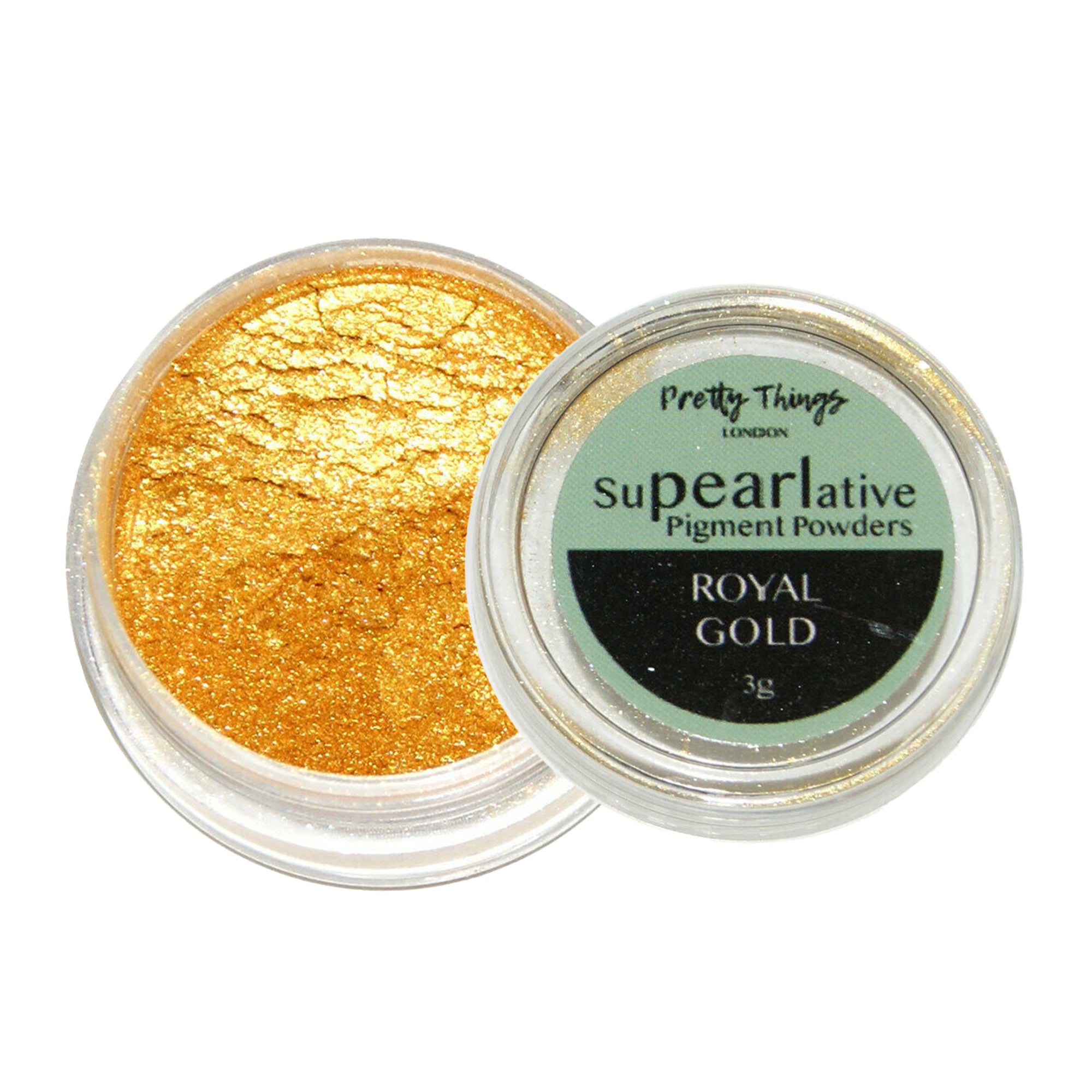 Pretty Things London Supearlative Pigment Powders Royal Gold 3g in an open container showing vibrant, shimmering gold pigment.