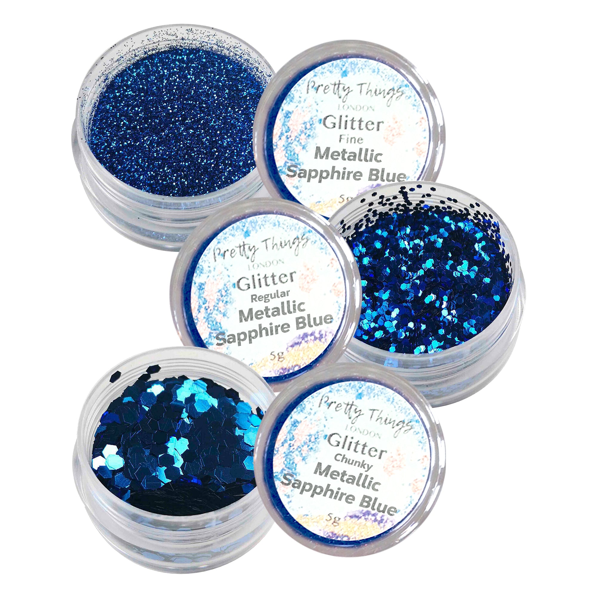 1.	Pretty Things London Metallic Sapphire Blue Glitter Trio - Fine, Regular, and Chunky