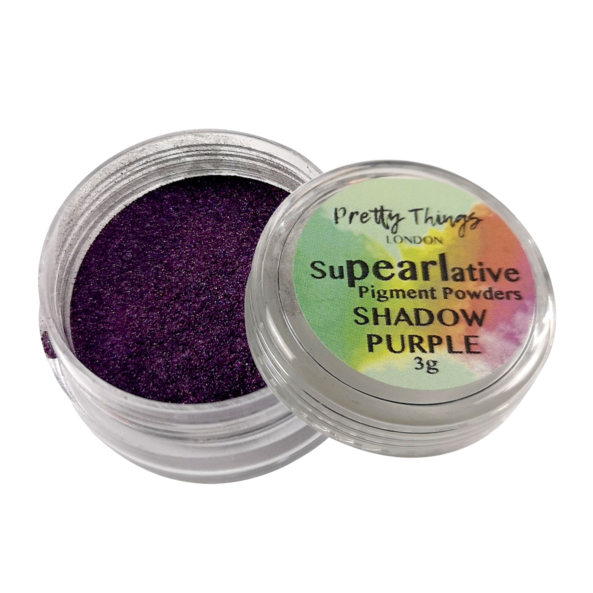 Pretty Things London Supearlative Pigment Powders Shadow Purple 3g in an open container showing vibrant, shimmering gold pigment.