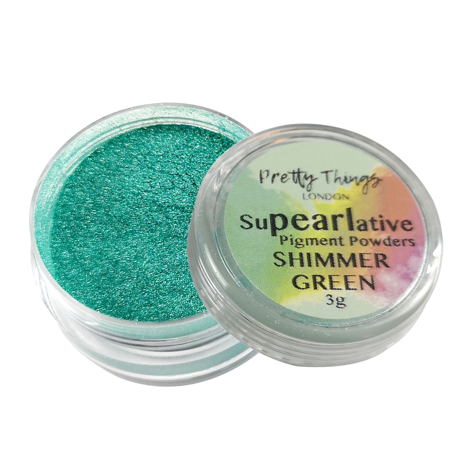 Pretty Things London Supearlative Pigment Powders Shimmer Green 3g in an open container showing vibrant, shimmering gold pigment.