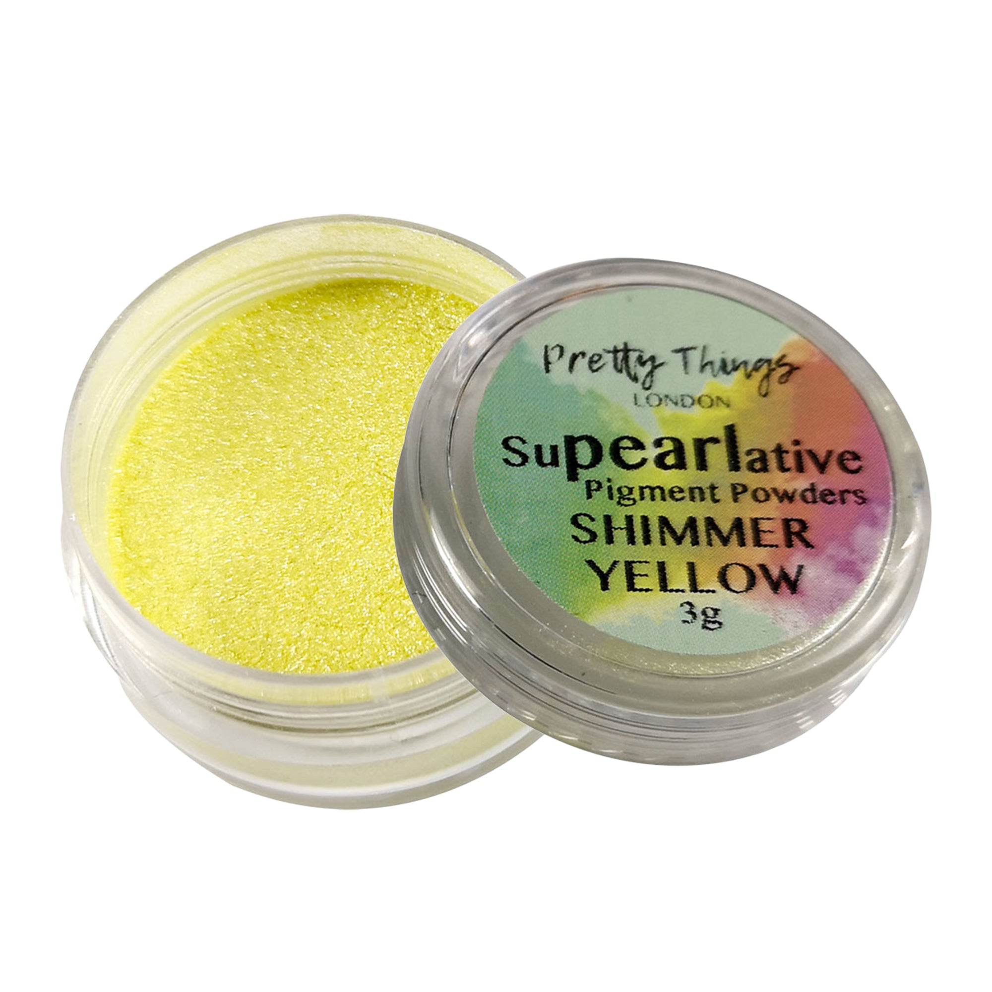 Pretty Things London Supearlative Pigment Powders Shimmer Yellow 3g in an open container showing vibrant, shimmering gold pigment.