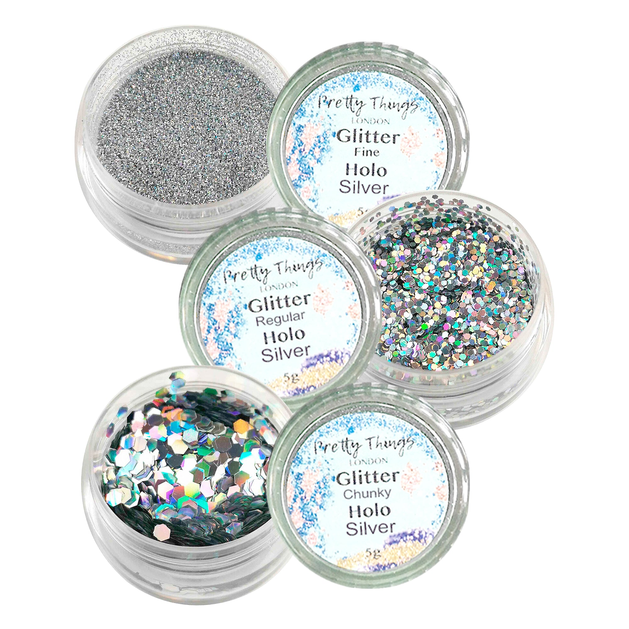 1.	Pretty Things London Silver Glitter Trio - Fine, Regular, and Chunky Holographic Glitters