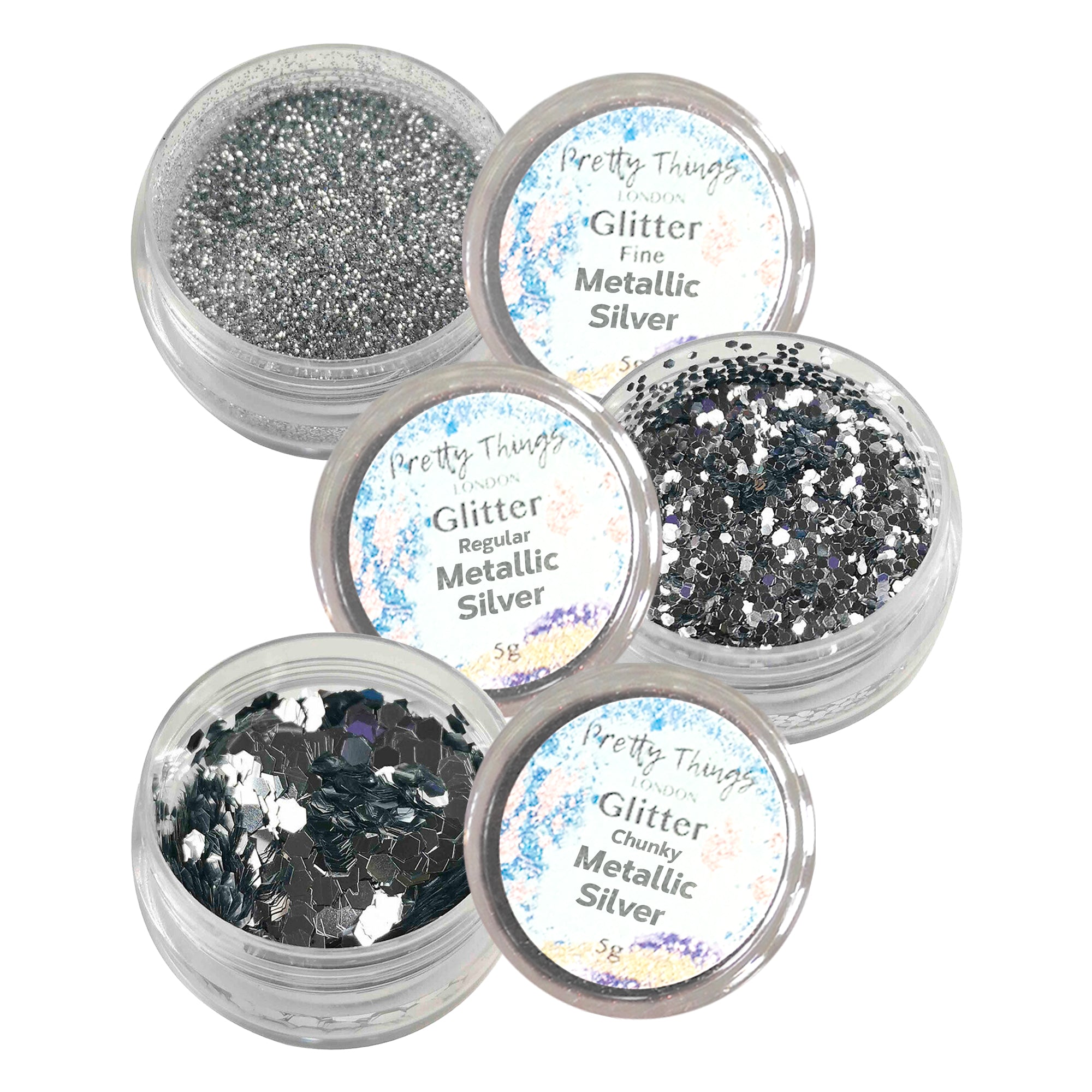 1.	Pretty Things London Metallic Silver Glitter Trio - Fine, Regular, and Chunky