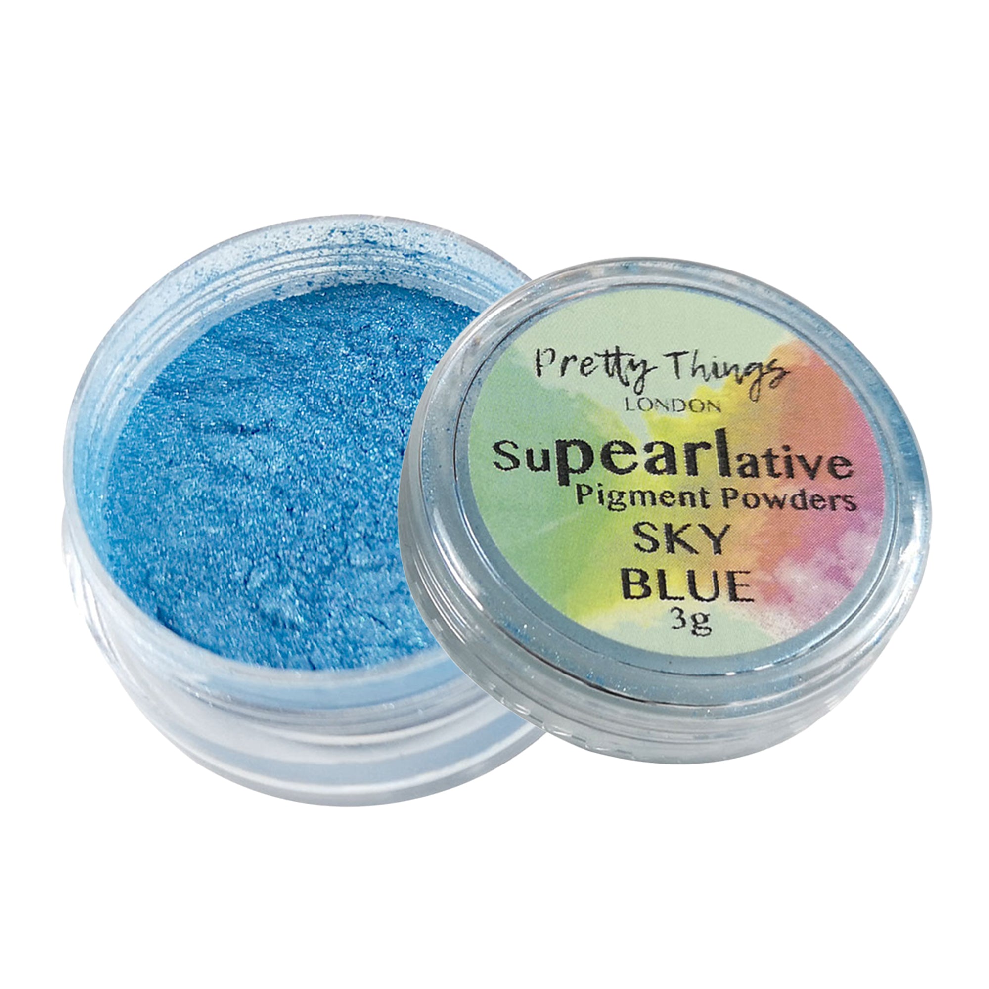 Pretty Things London Supearlative Pigment Powders Sky Blue 3g in an open container showing vibrant, shimmering gold pigment.