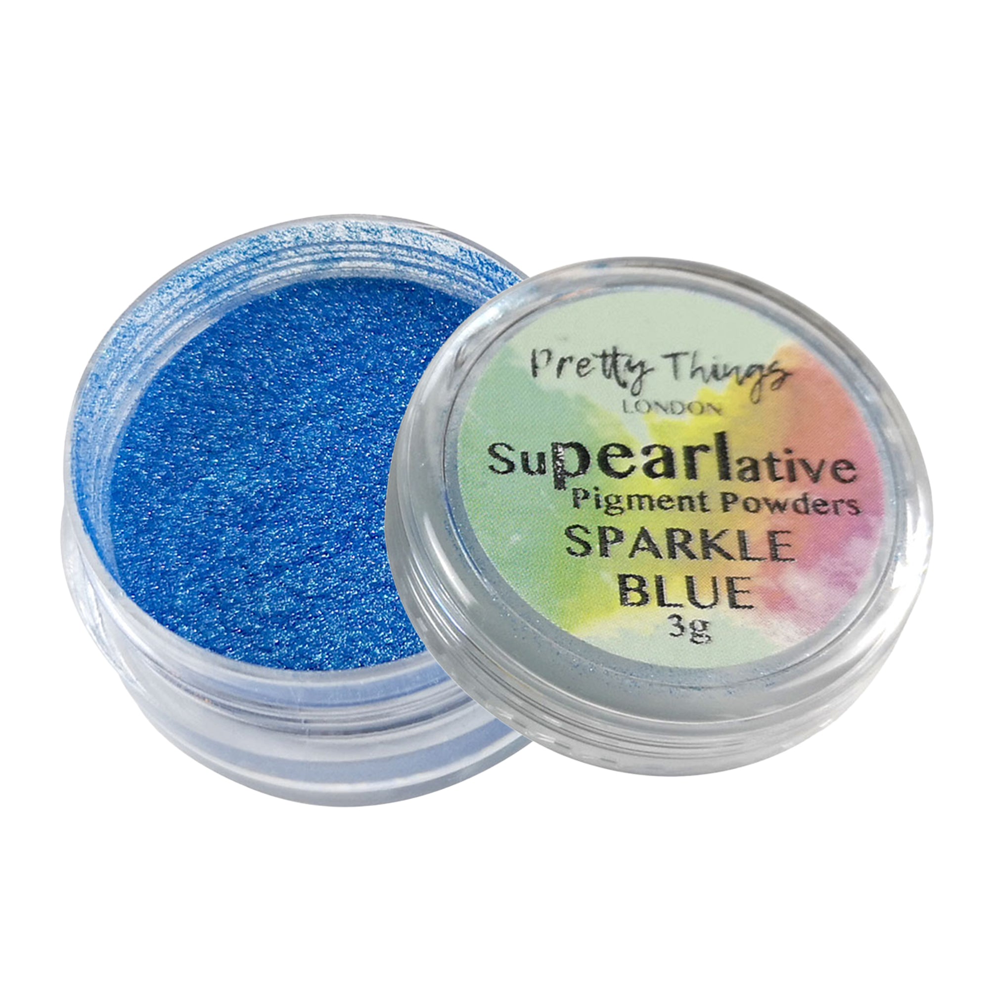 Pretty Things London Supearlative Pigment Powders Sparkle Blue 3g in an open container showing vibrant, shimmering gold pigment.