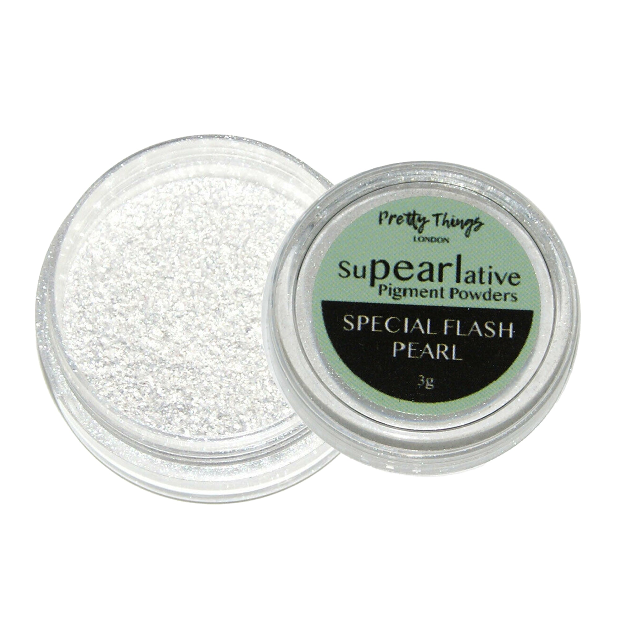 Pretty Things London Supearlative Pigment Powders Special Flash Pearl 3g in an open container showing vibrant, shimmering gold pigment.