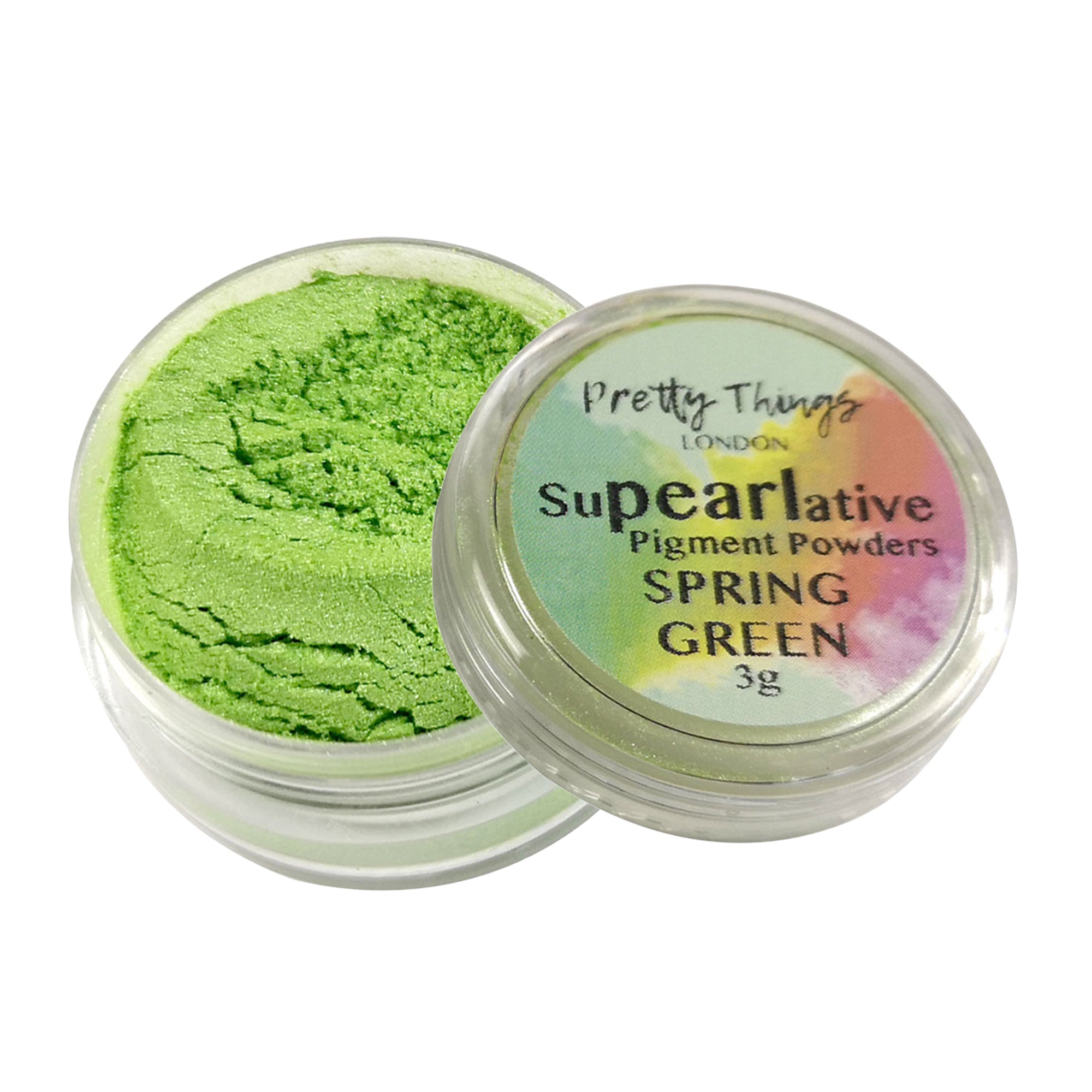 Pretty Things London Supearlative Pigment Powders Spring Green 3g in an open container showing vibrant, shimmering gold pigment.