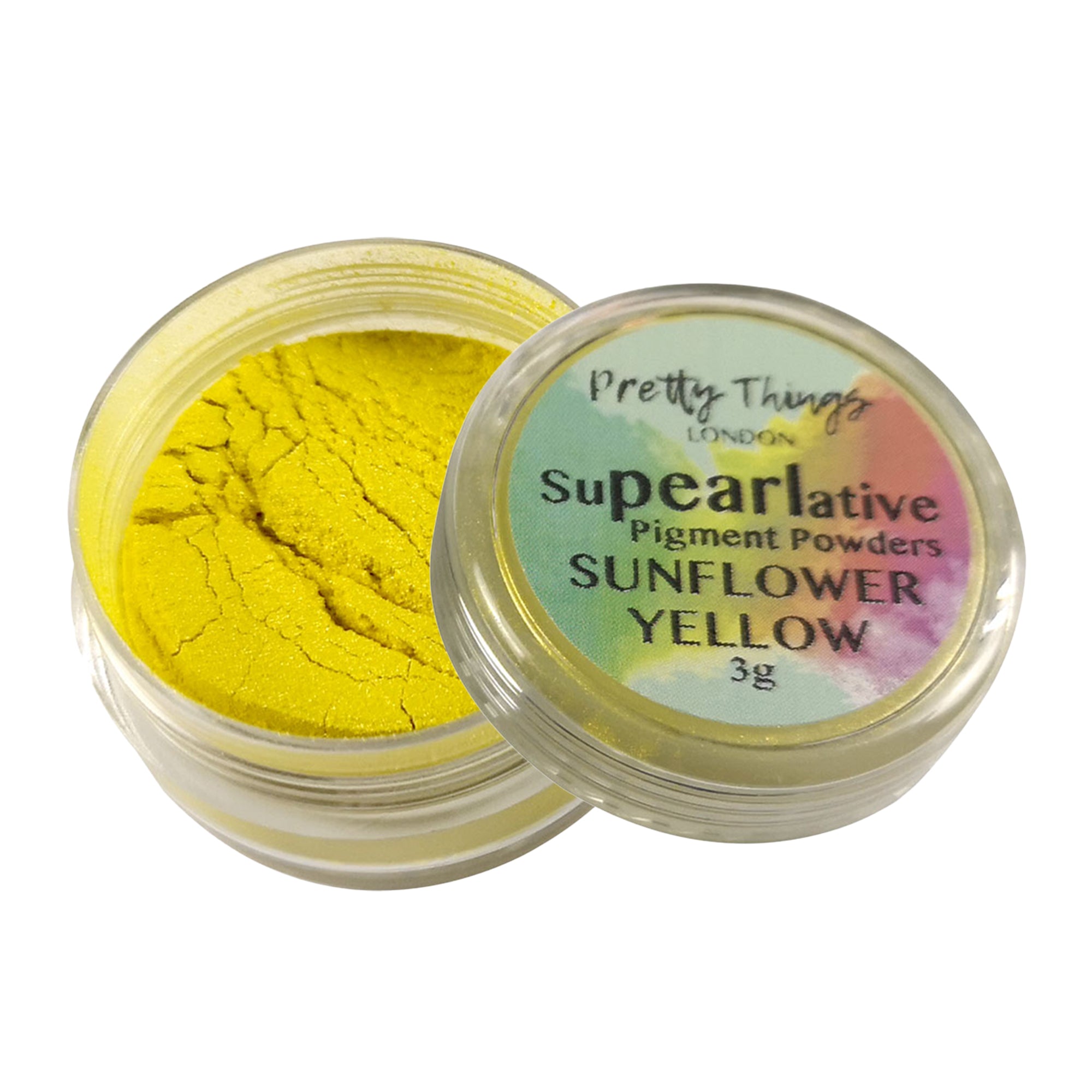 Pretty Things London Supearlative Pigment Powders Sunflower Yellow 3g in an open container showing vibrant, shimmering gold pigment.