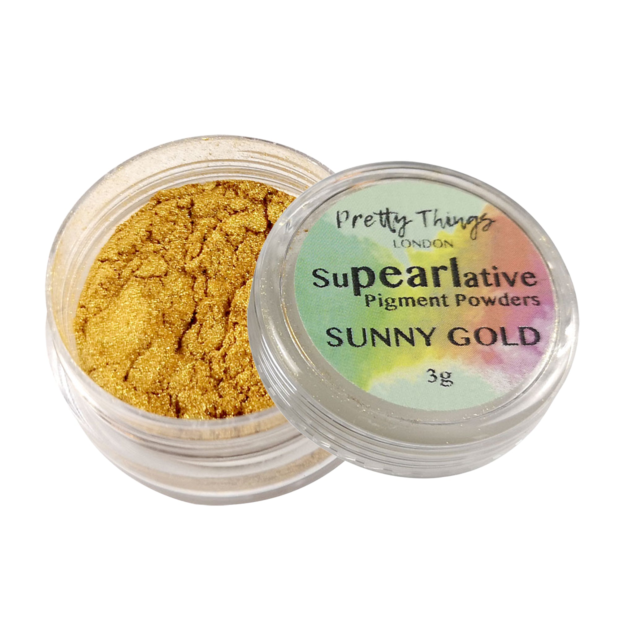 Pretty Things London Supearlative Pigment Powders Sunny Gold 3g in an open container showing vibrant, shimmering gold pigment.