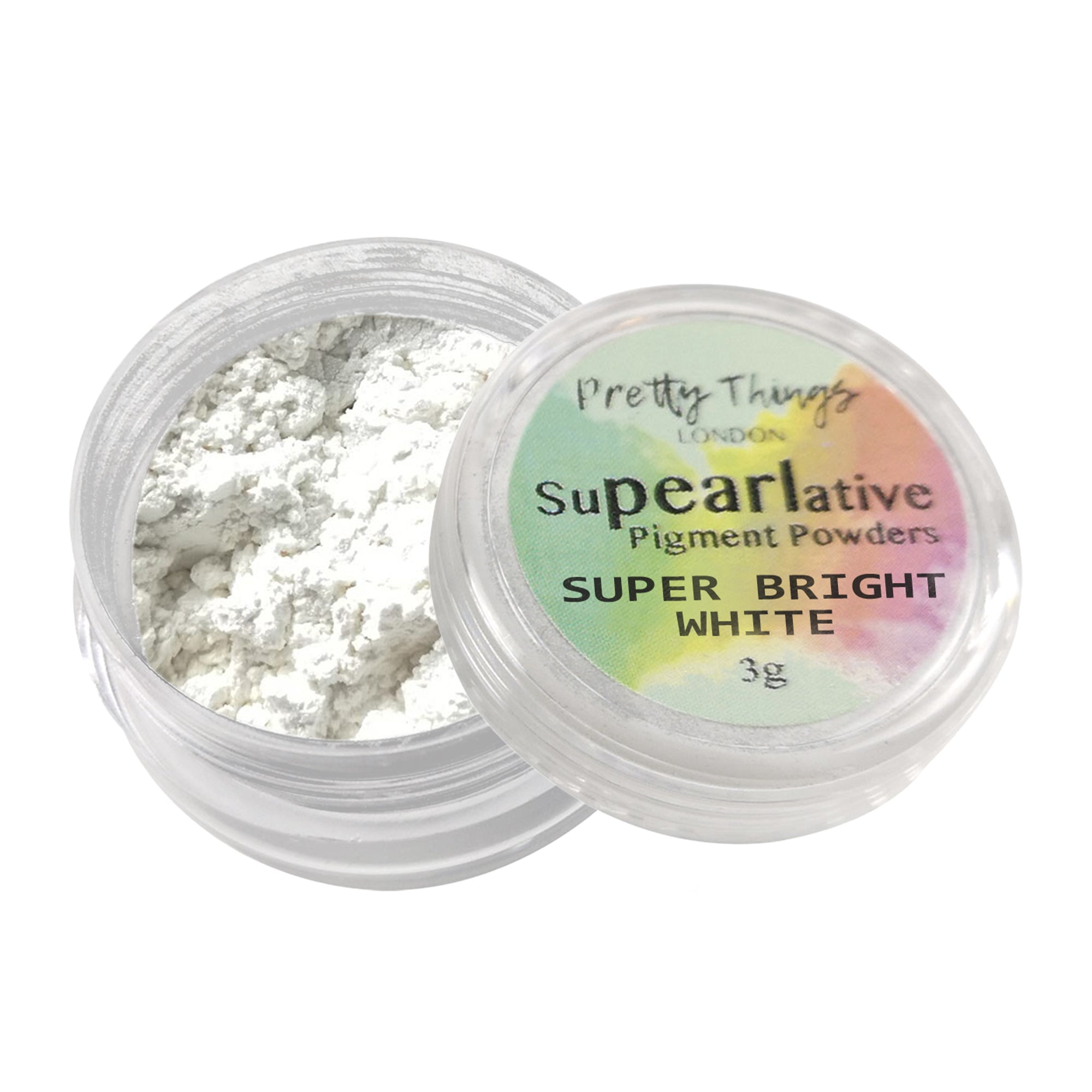 Pretty Things London Supearlative Pigment Powders Super Bright White 3g in an open container showing vibrant, shimmering gold pigment.