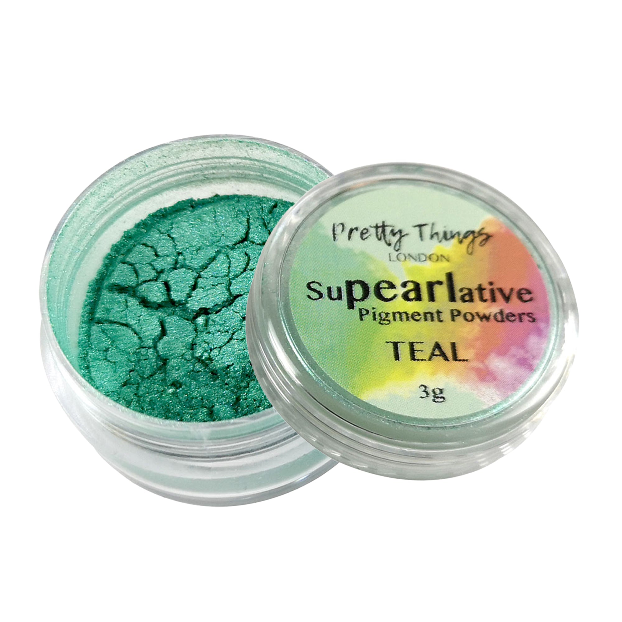 Pretty Things London Supearlative Pigment Powders Teal 3g in an open container showing vibrant, shimmering gold pigment.