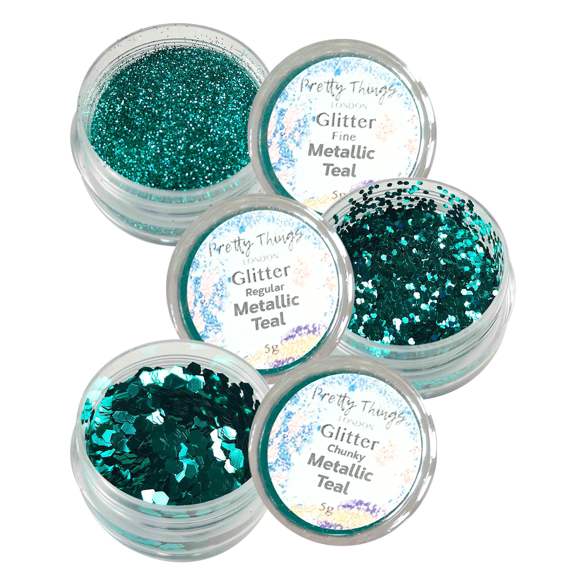 1.	Pretty Things London Metallic Teal Glitter Trio - Fine, Regular, and Chunky