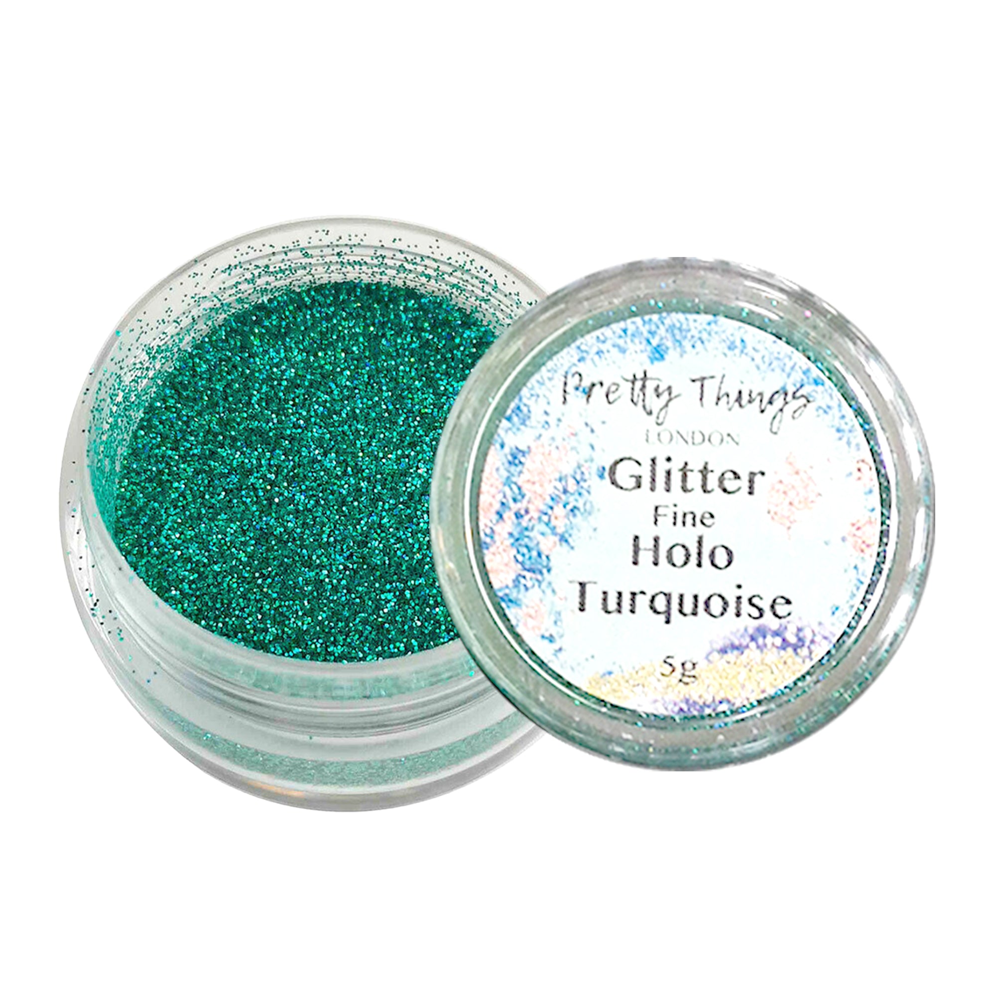 1.	Pretty Things London Fine Holographic Glitter in Turquoise 5g in open container showing sparkles