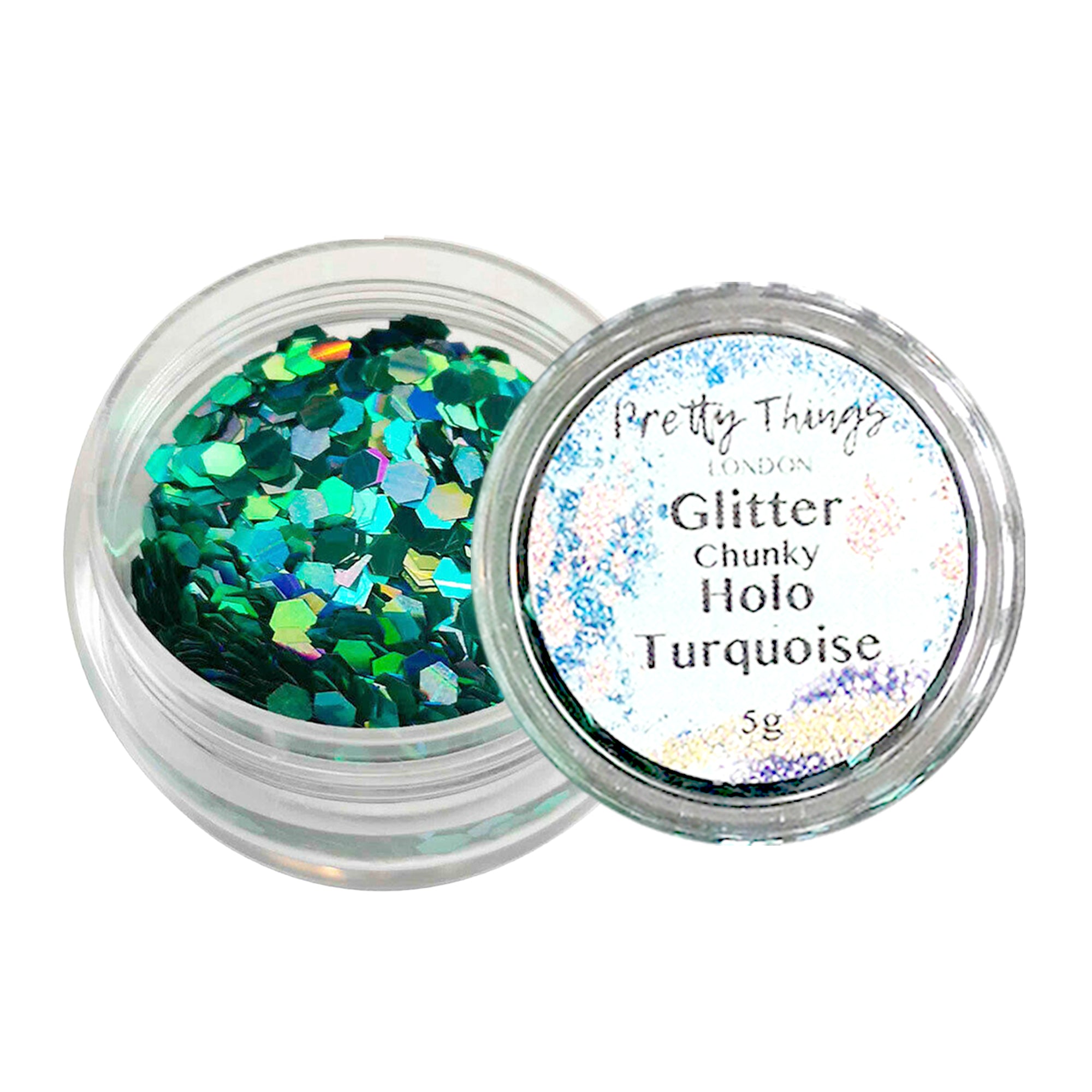 1.	Pretty Things London Chunky Holographic Glitter in Turquoise - 5g jar