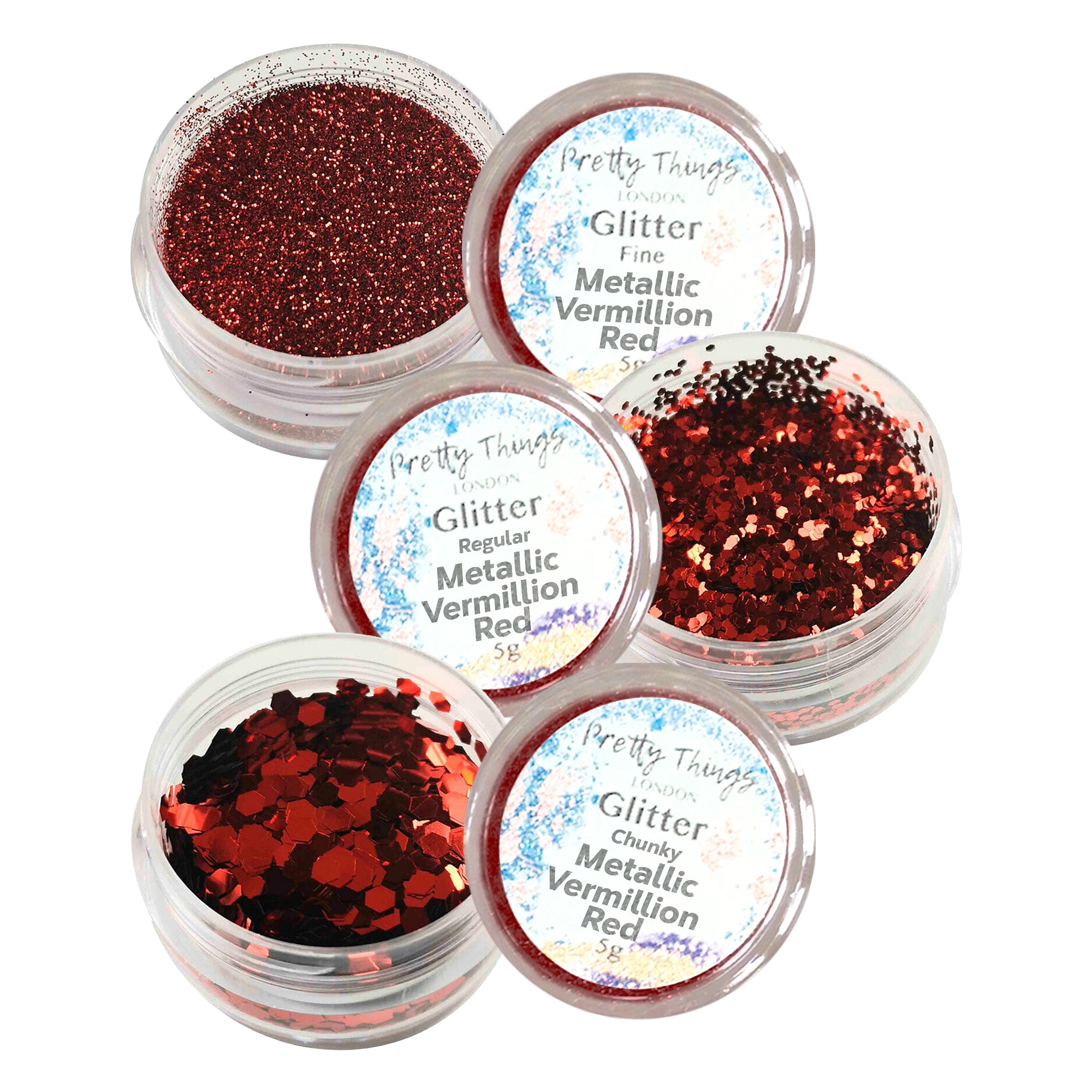 1.	Pretty Things London Metallic Vermillion Red Glitter Trio - Fine, Regular, and Chunky