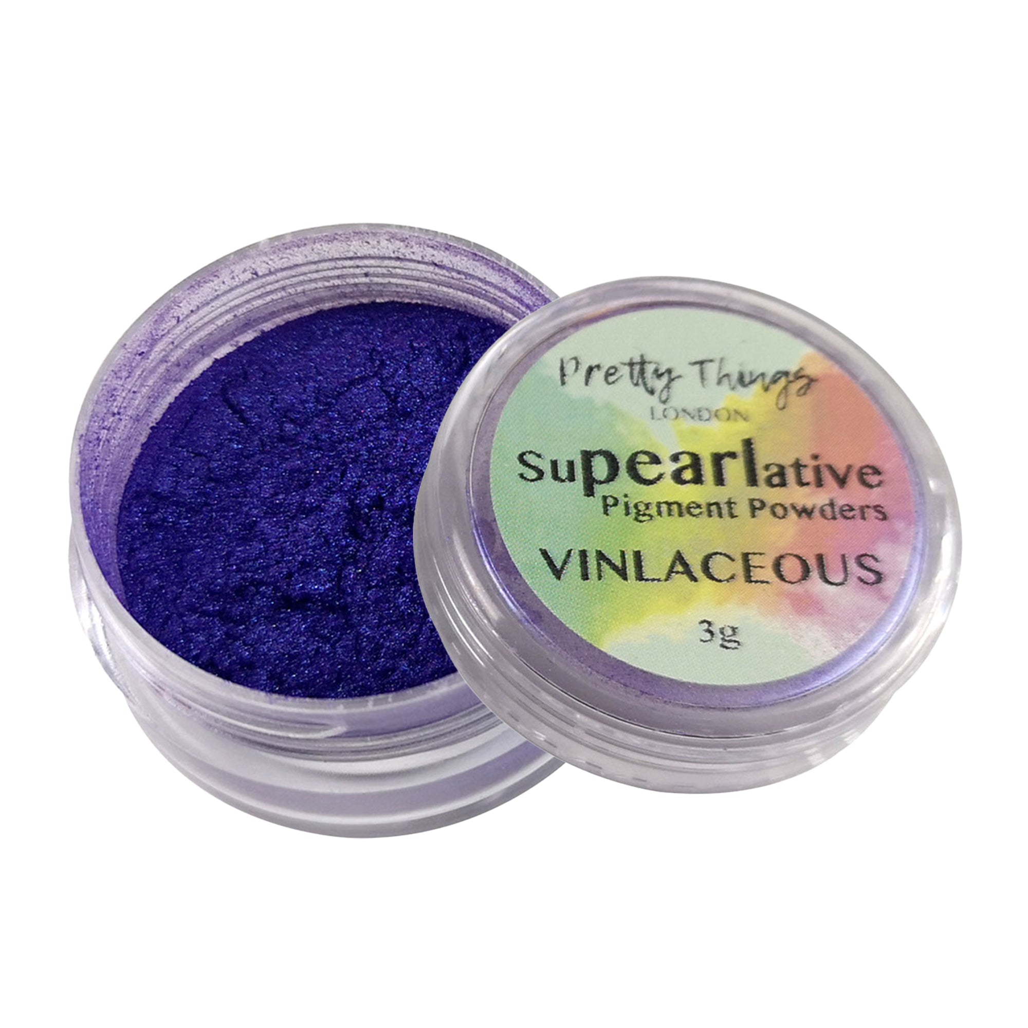 Pretty Things London Supearlative Pigment Powders Vinlaceous 3g in an open container showing vibrant, shimmering gold pigment.