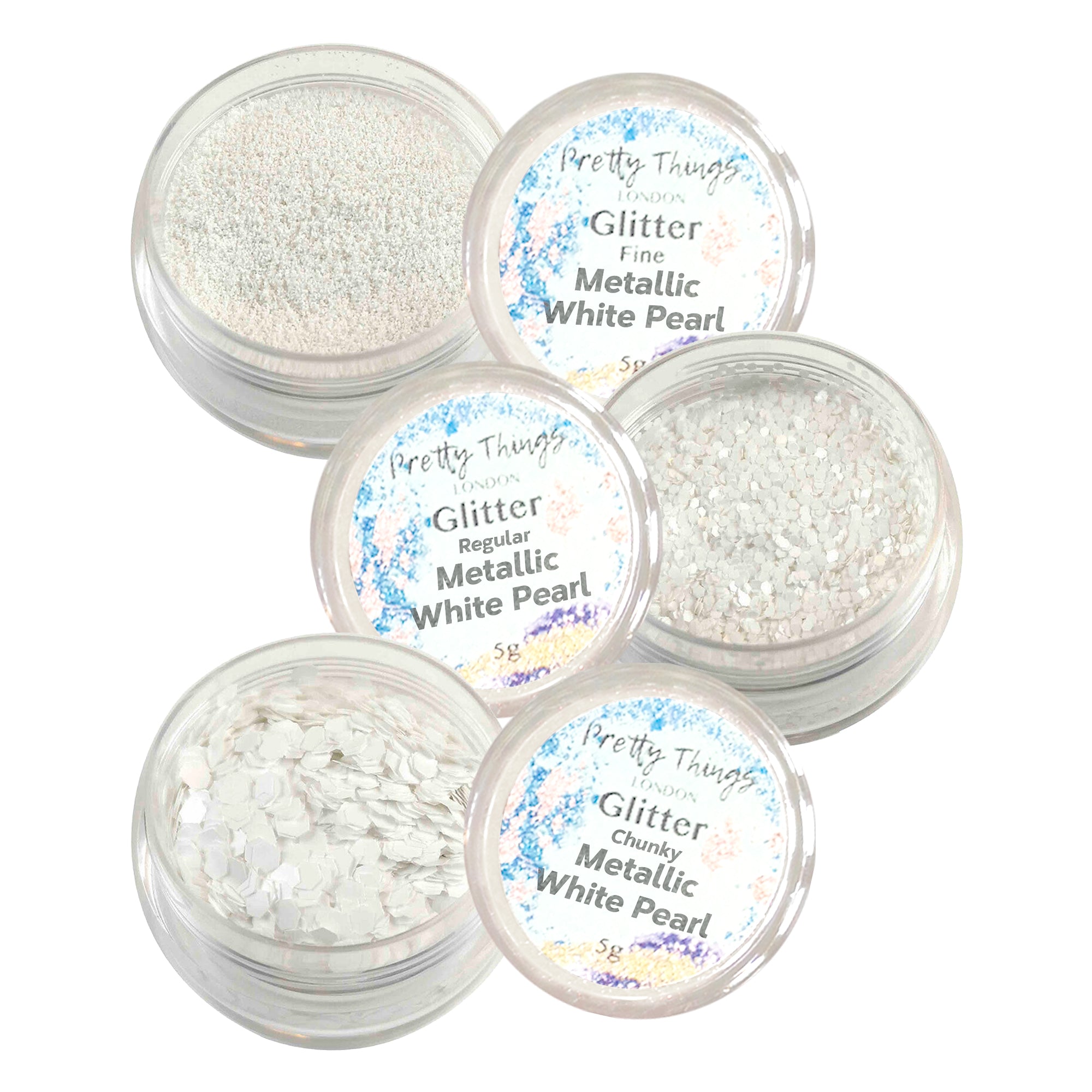 1.	Pretty Things London Metallic White Pearl Glitter Trio - Fine, Regular, and Chunky