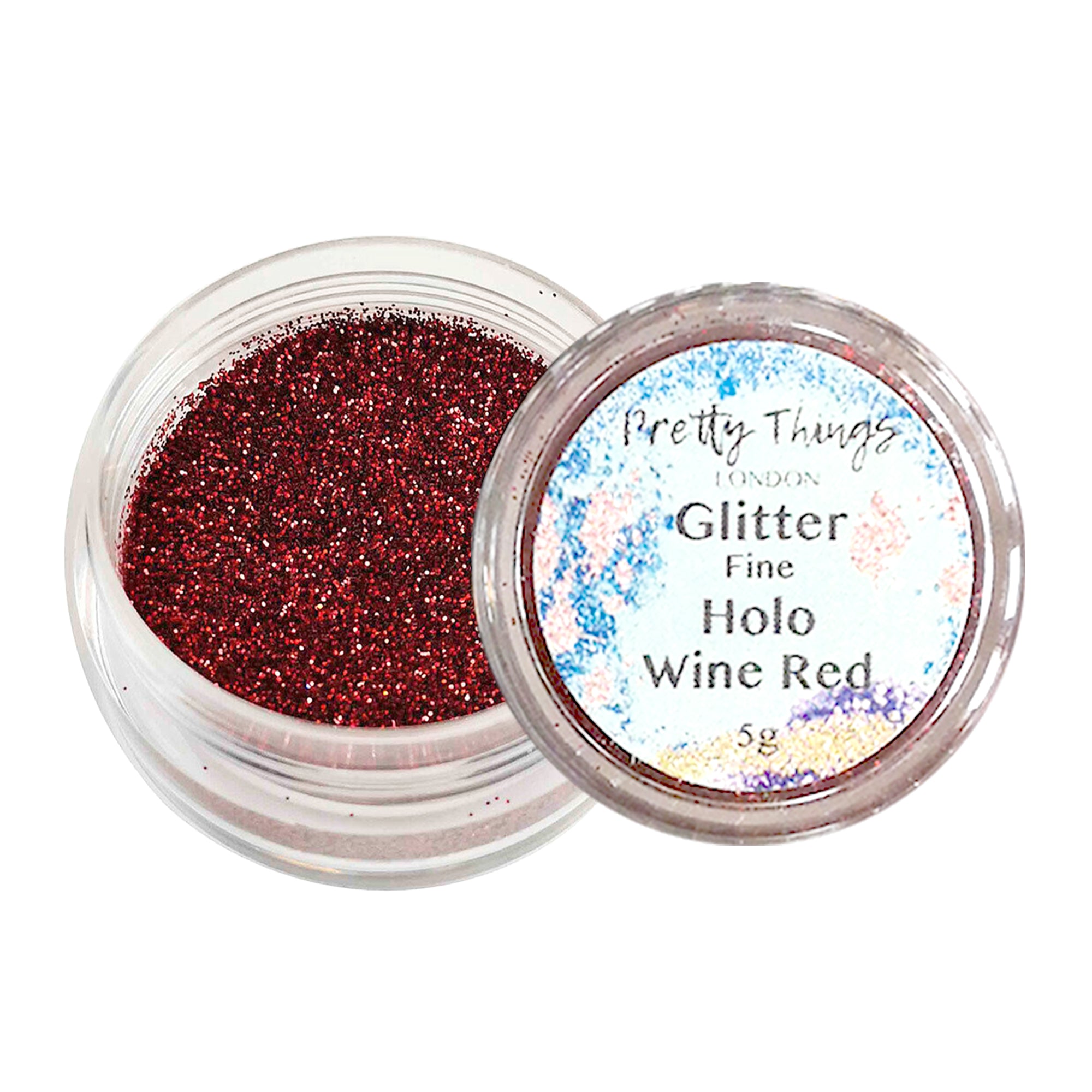 1.	Pretty Things London Fine Holographic Glitter in Wine Red 5g in open container showing sparkles